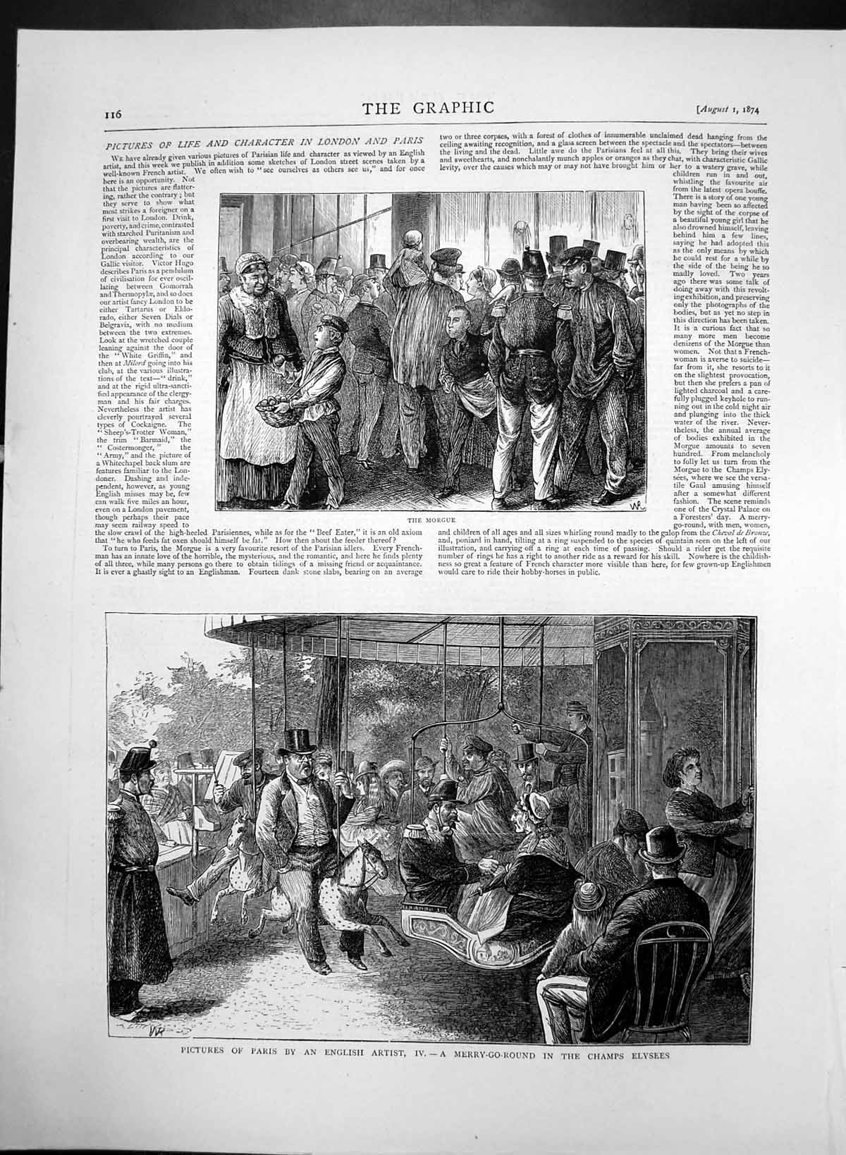 Original Old Antique Print A Morgue Merry Go Round Champs Elysees Paris 1874