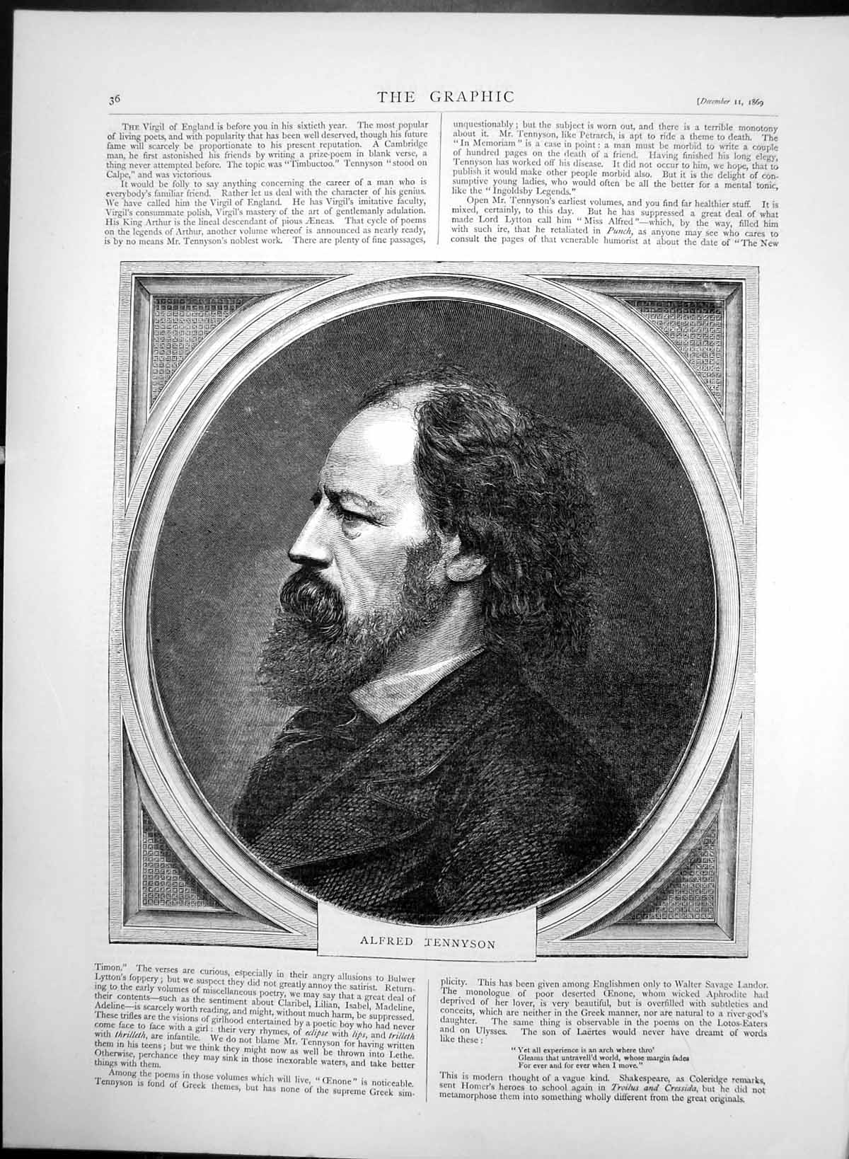Original Old Antique Print Portrait Alfred Tennyson English Poet 1869 Victorian