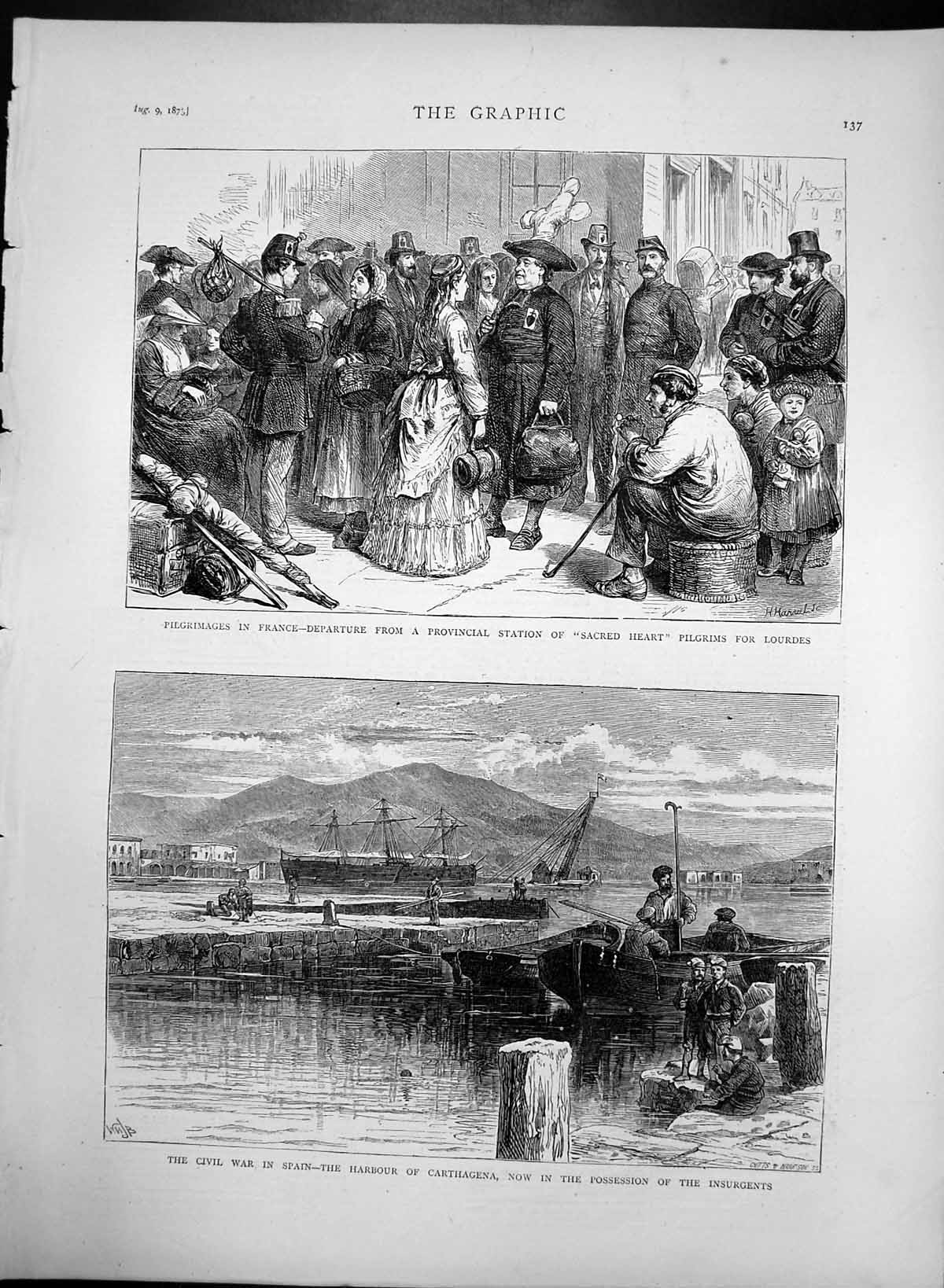 Antique Old Print Harbour Carthagena Spain Sacred Heart Pilgrims Lourdes1873