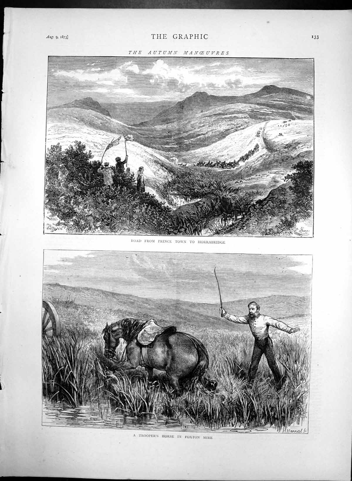Antique Old Print Road Prince Town To Horrabridge Troopers Horse Mire 1873 19th