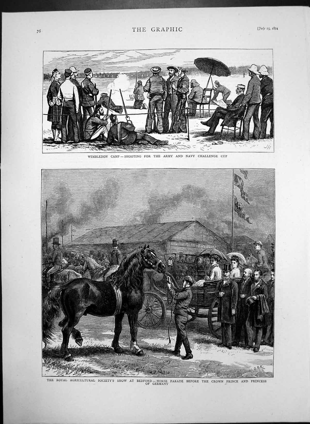 Old Antique Print Bedford Show Horse Parade Shooting Wimbledon Camp 1874 19th