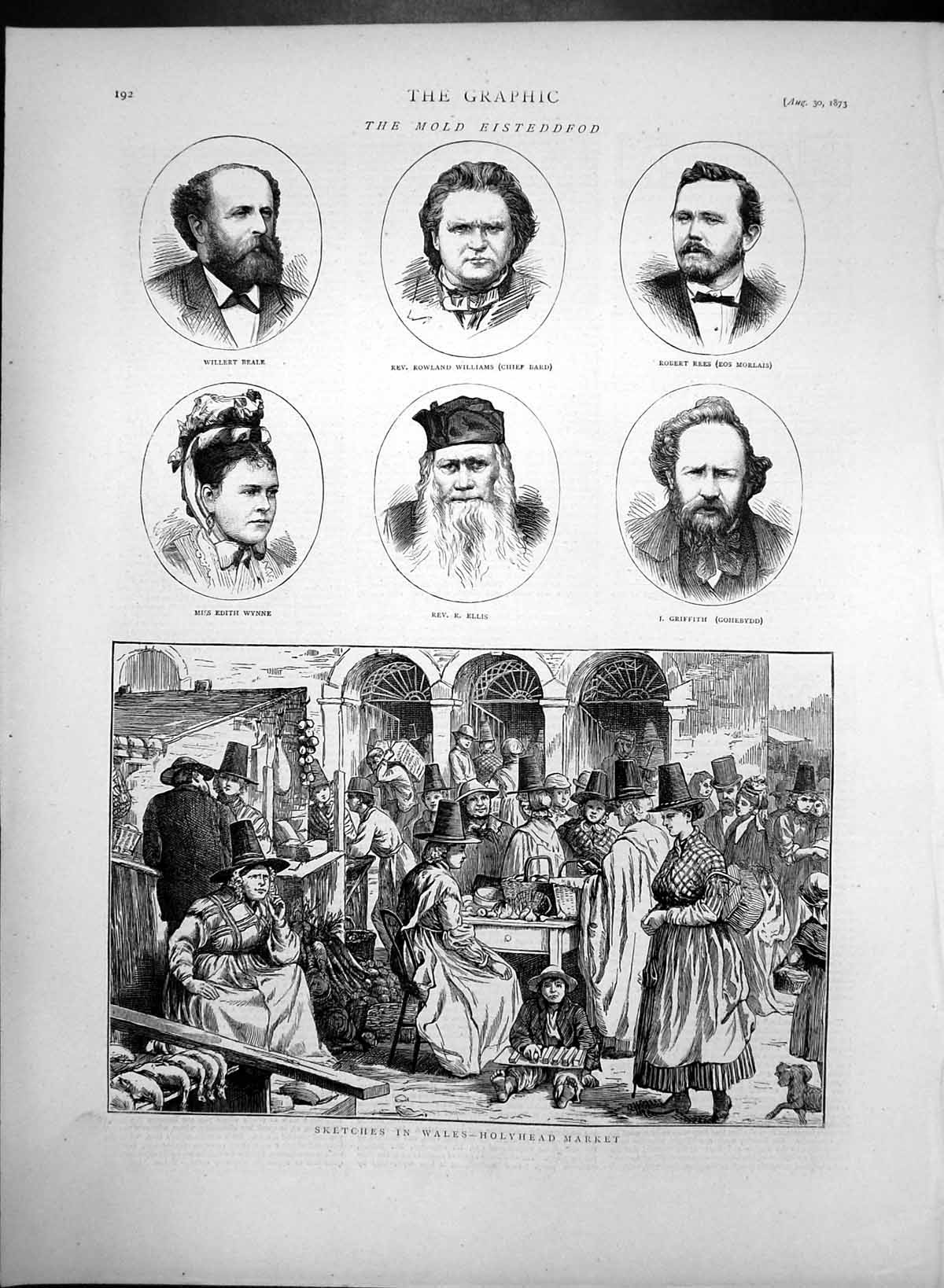 Original Old Antique Print Holyhead Market Wales MEisteddfod Rev Ellis 1873
