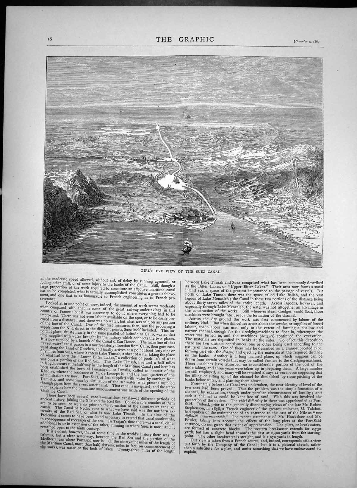 Original Old Antique Print Birds Eye View Suez Canal 1869 19th