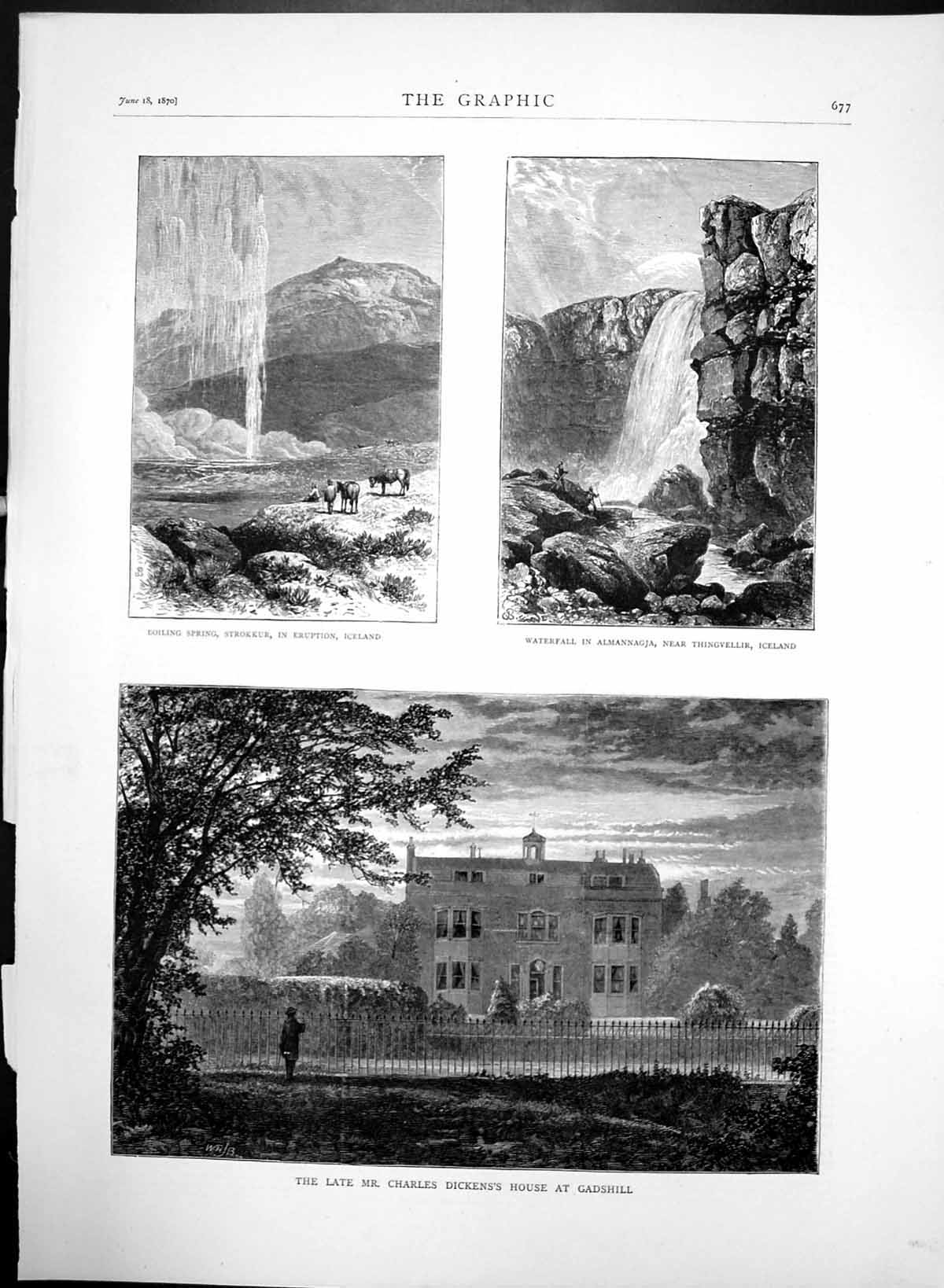 Antique Old Print Charles Dickens House Gadshill Boiling Spring Iceland 1870