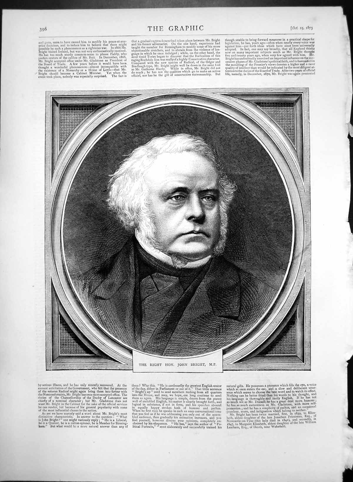 Original Old Antique Print The Right Hon John Bright M P 1873 19th