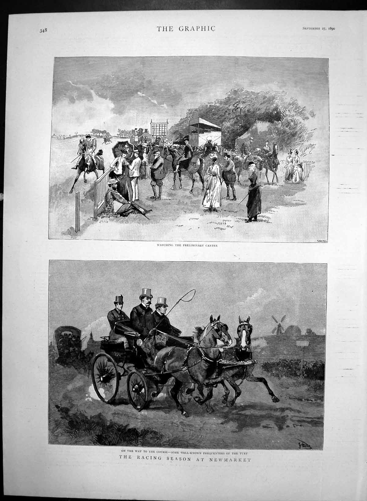Old Antique Print Racing Season Newmarket Watching Canter Carriage 1890 19th