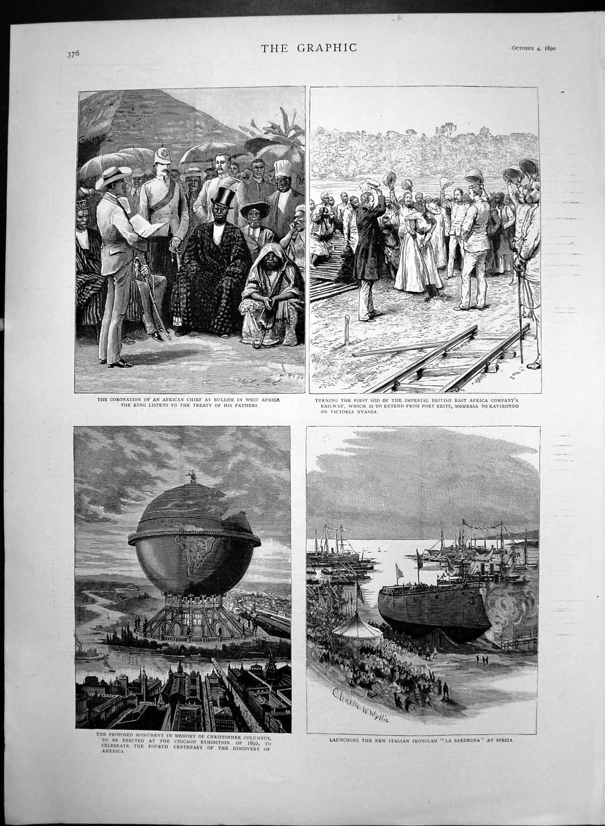 Antique Print Launching Italian Ironclad La Sardegna Coronation Africa 1890