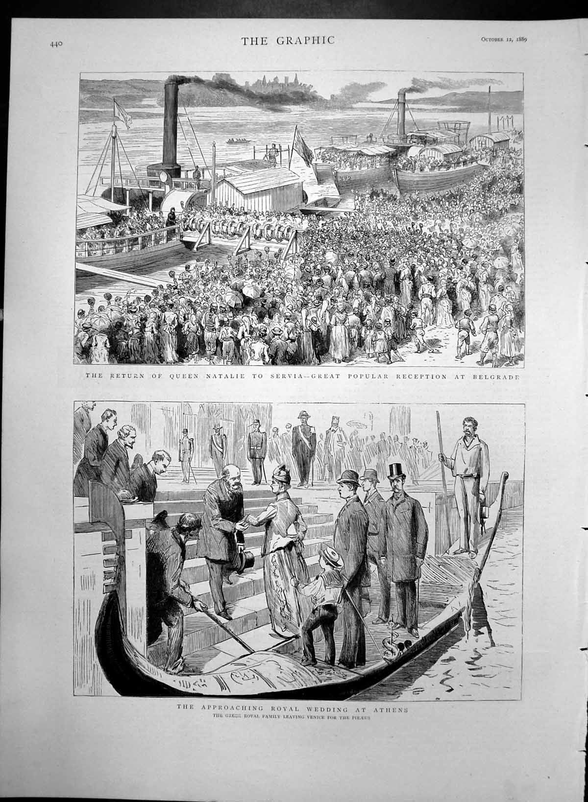 Old Antique Print Return Queen Natalie Servia Royal Wedding Athens 1889 19th
