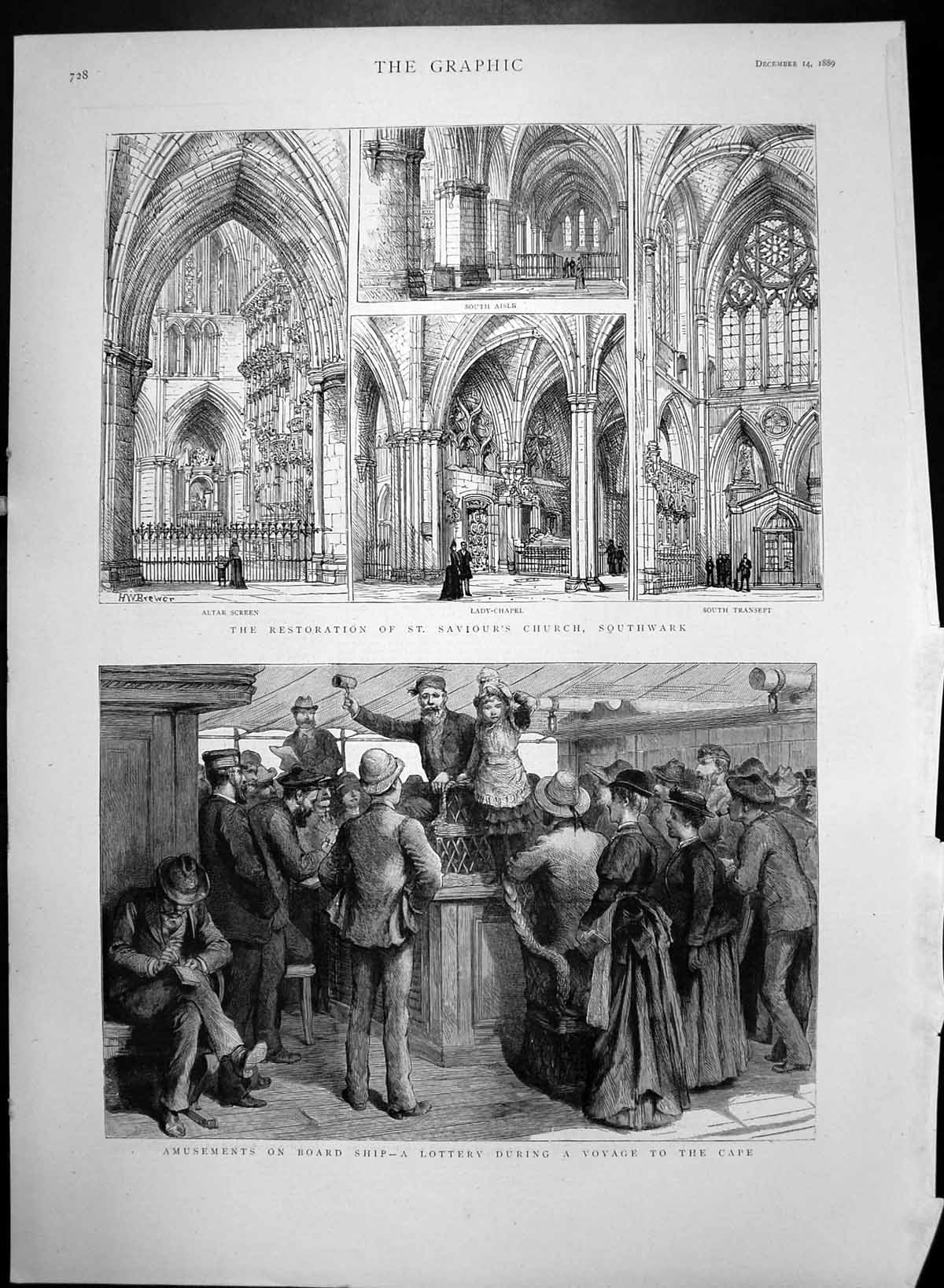 Antique Old Print Restoration St Saviours Church Southwark Lottery Ship 1889