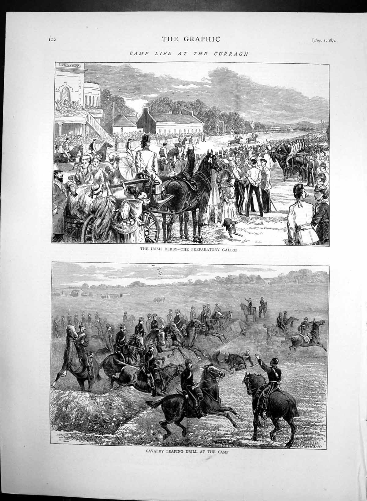 Original Old Antique Print Curragh Camp Irish Derby Cavalry Leaping Drill 1874
