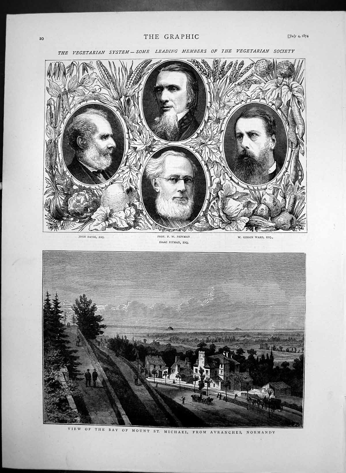 Antique Old Print Bay Mount St Michael Normandy Vegetarian Soc Members 1874