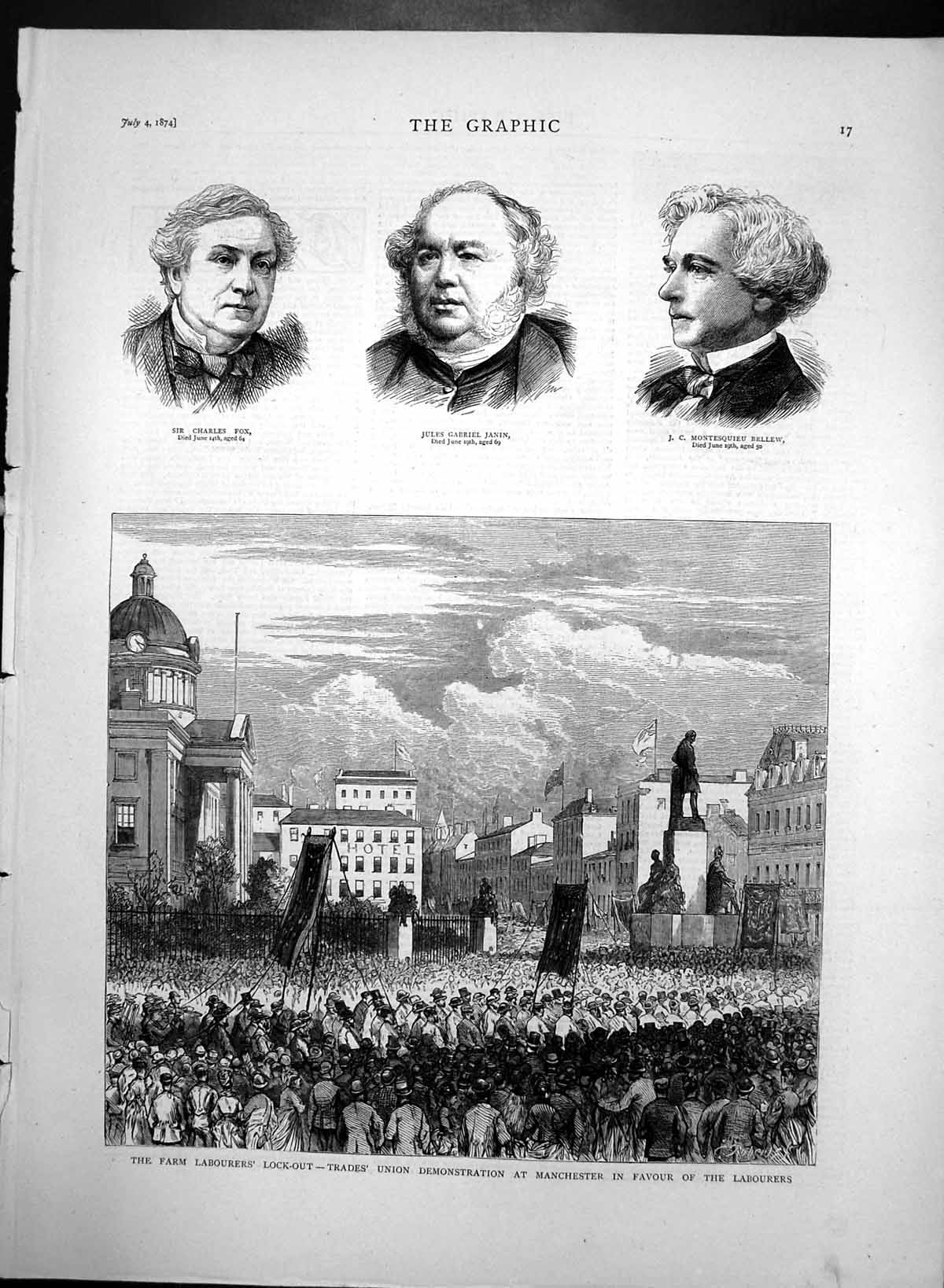 Old Antique Print Farm Labourers Lock Out Trade Union Demonstration 1874 19th