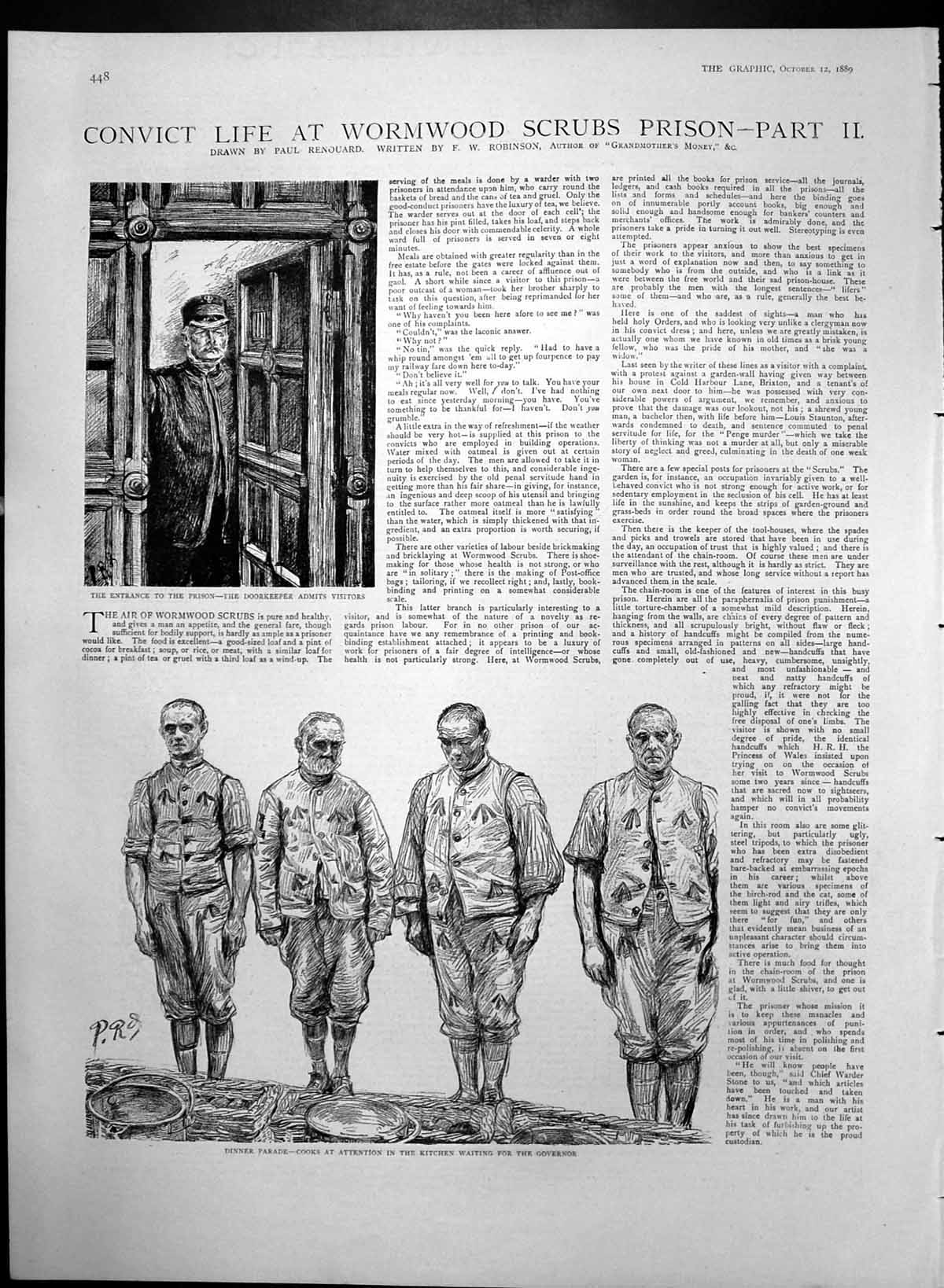 Antique Old Print Convict Life Wormwood Scrubs Dinner Parade Doorkeeper1889