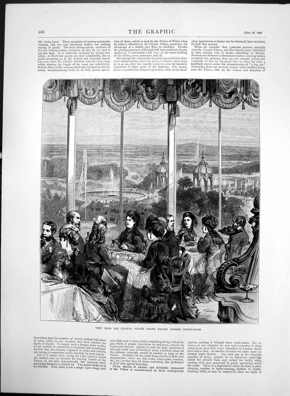 Old Antique Print View From Crystal Palace Grand Saloon Dining Room 1870 19th