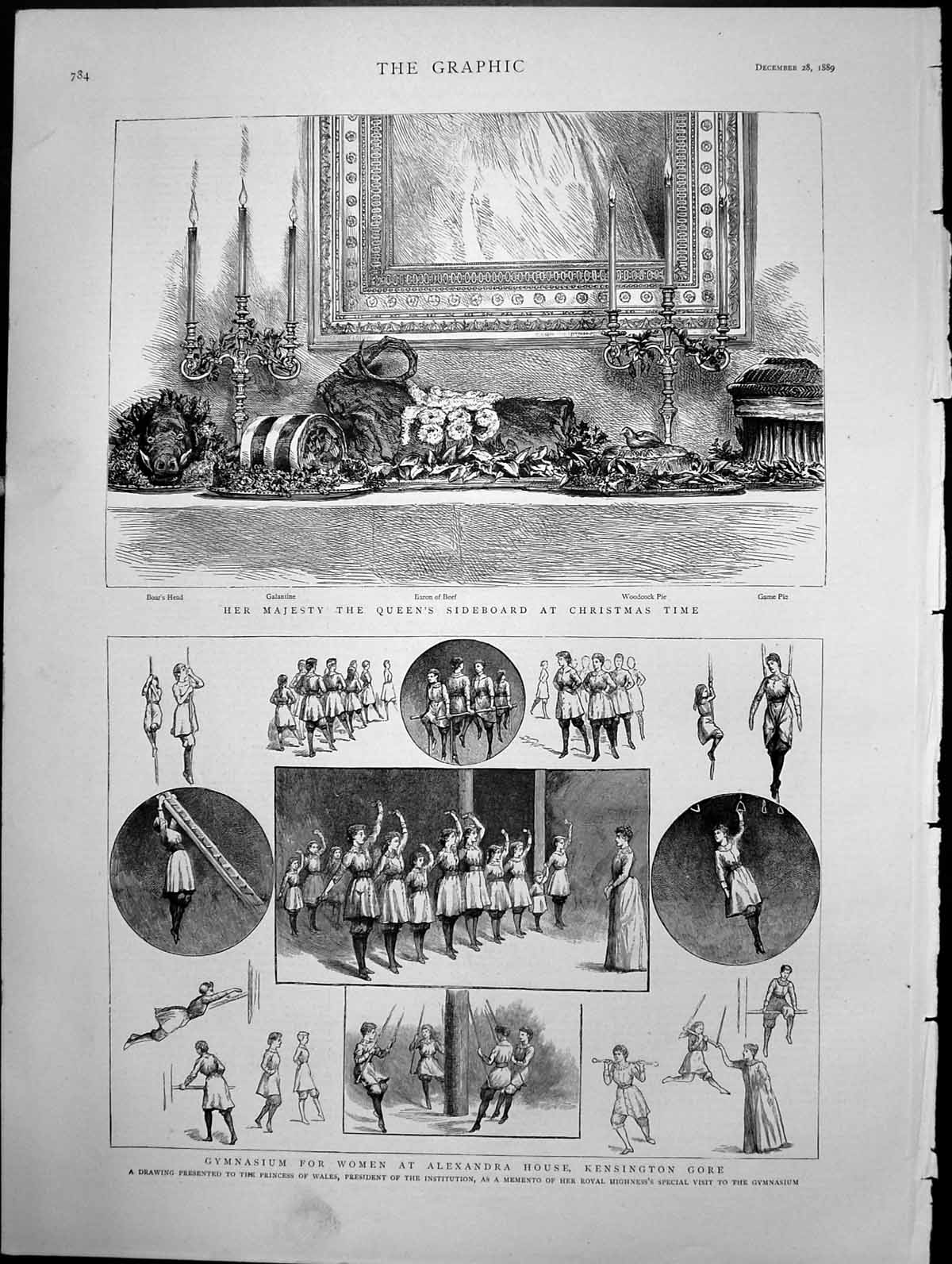 Antique Old Print Queens Sideboard At Christmas Time Gymnasium For Women 1889