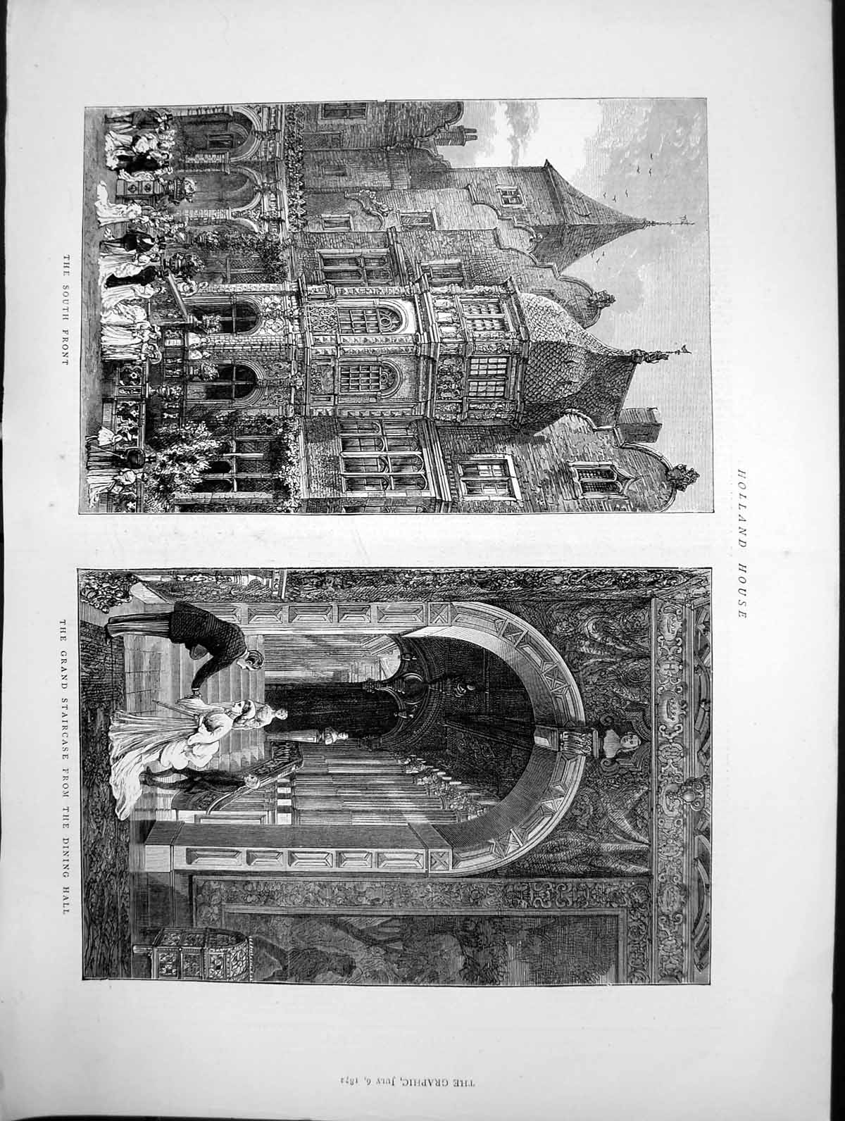 Old Print Holland House South Front Grand Staircase From Dining Hall 1872 19th