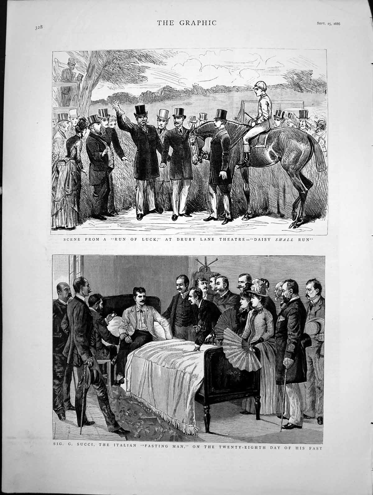 Antique Old Print Scene Run Luck Drury Lane Theatre Italian Fasting Man 1886