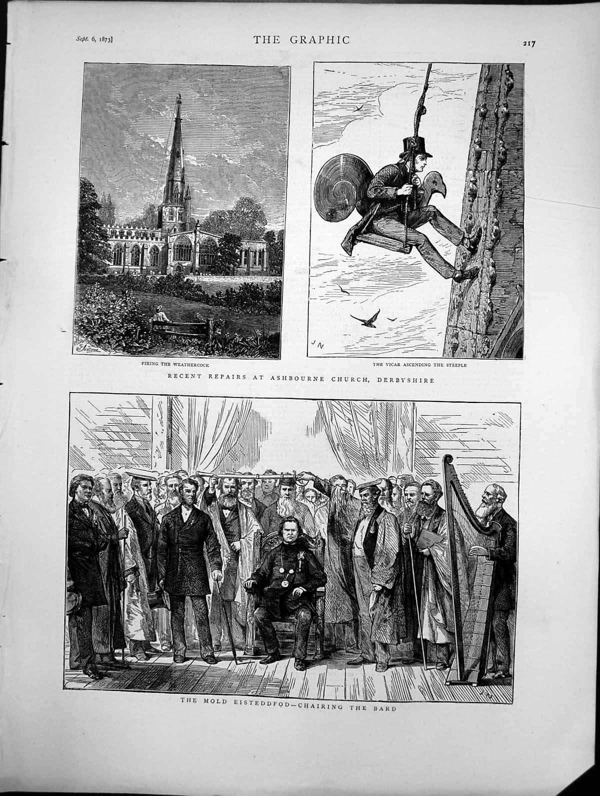 Antique Old Print Recent Repairs Ashbourne Church Derbyshire MEisteddfod 1873