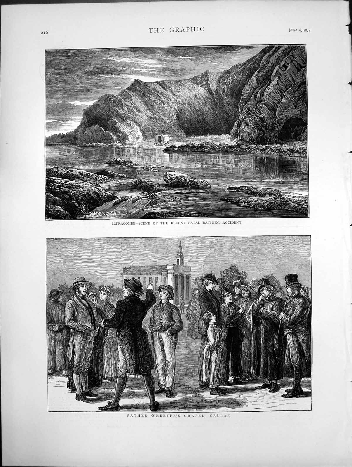 Antique Print Ilfracombe Scene Fatal Bathing Accident O'Keeffe Chapel 1873 19th