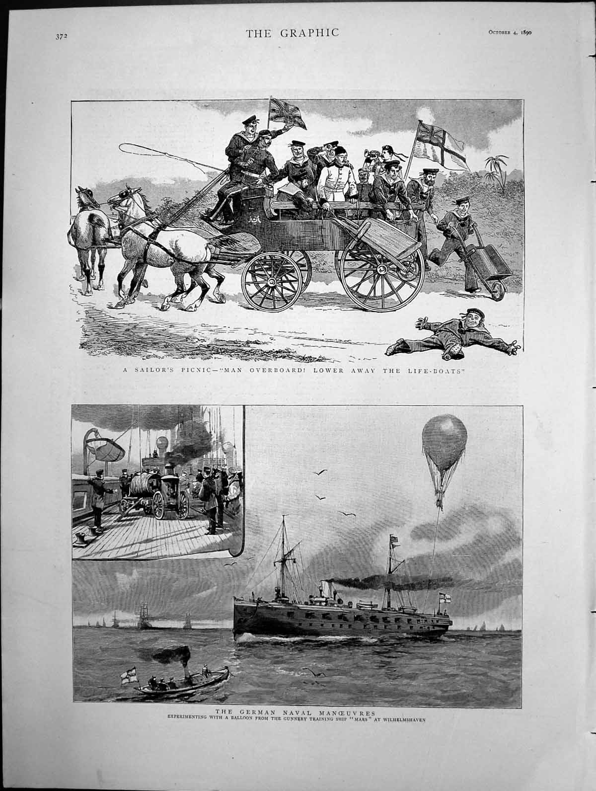 Antique Old Print German Naval Manoeuvres Sailors Picnic Man Overboard 1890