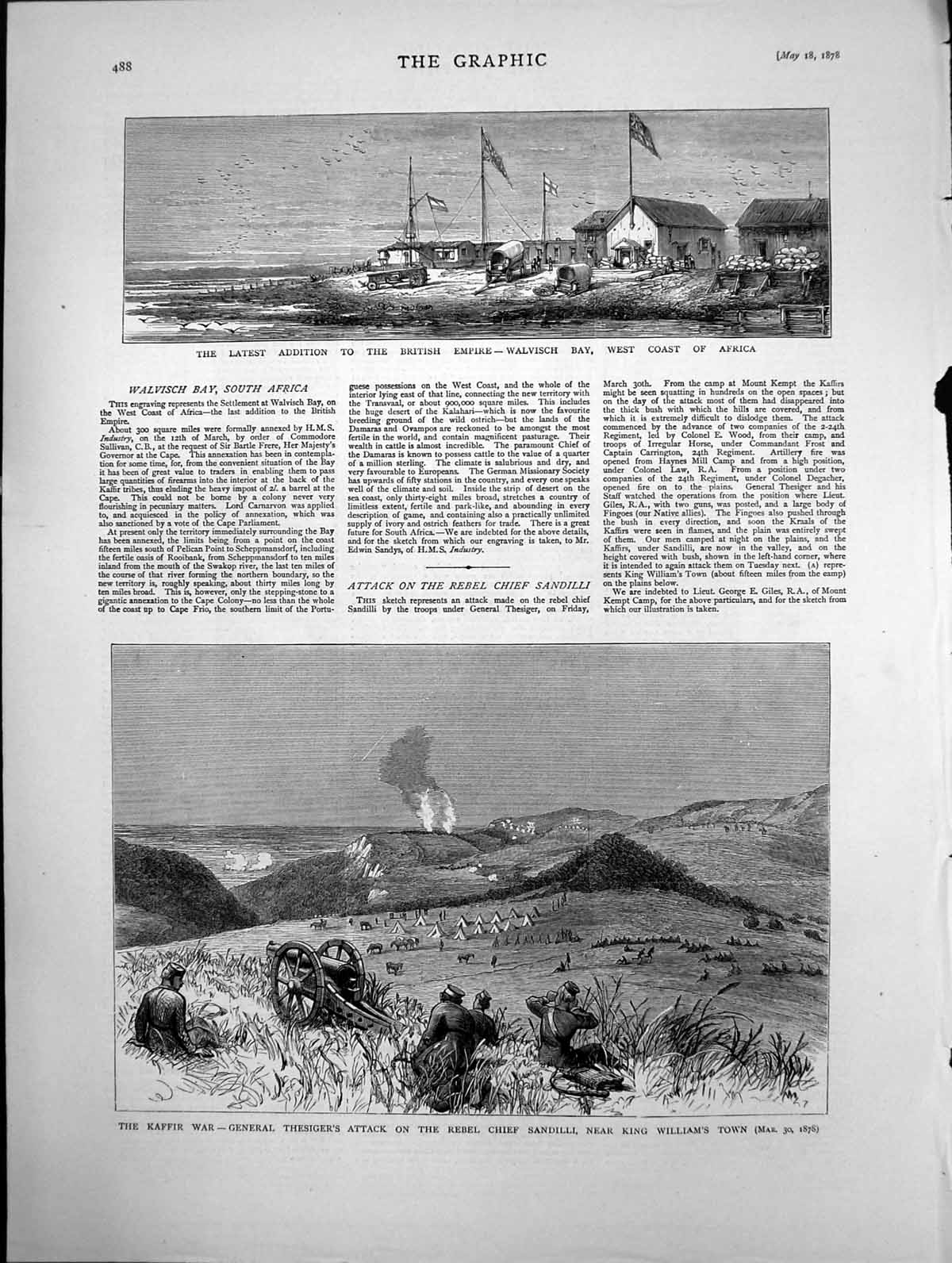 Old Print Kaffir War General Thesigers Attack Empire Walvisch Bay Sa 1878 19th