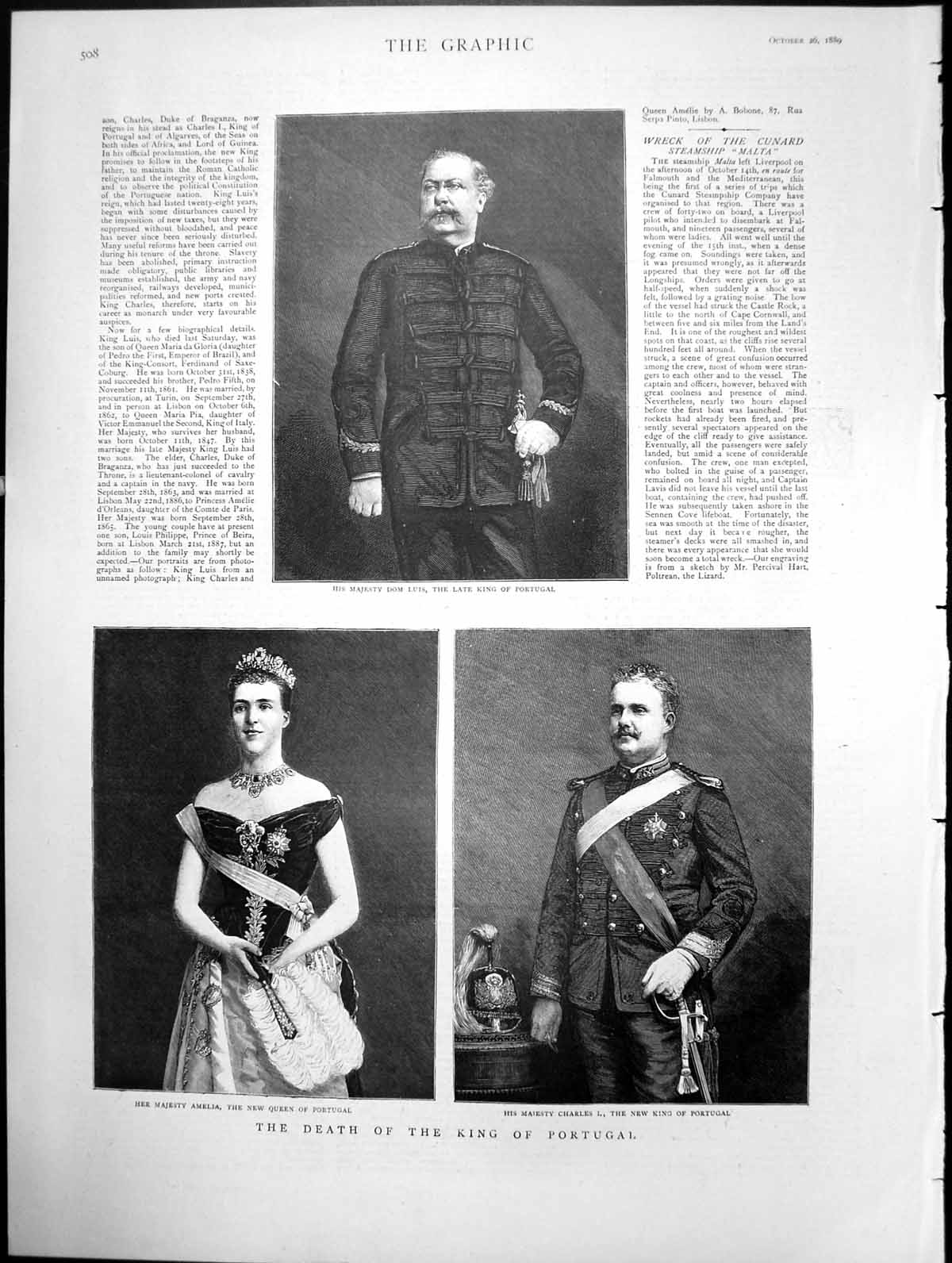 Antique Old Print Death The King Portugal His Majesty Dom Luis New King 1889