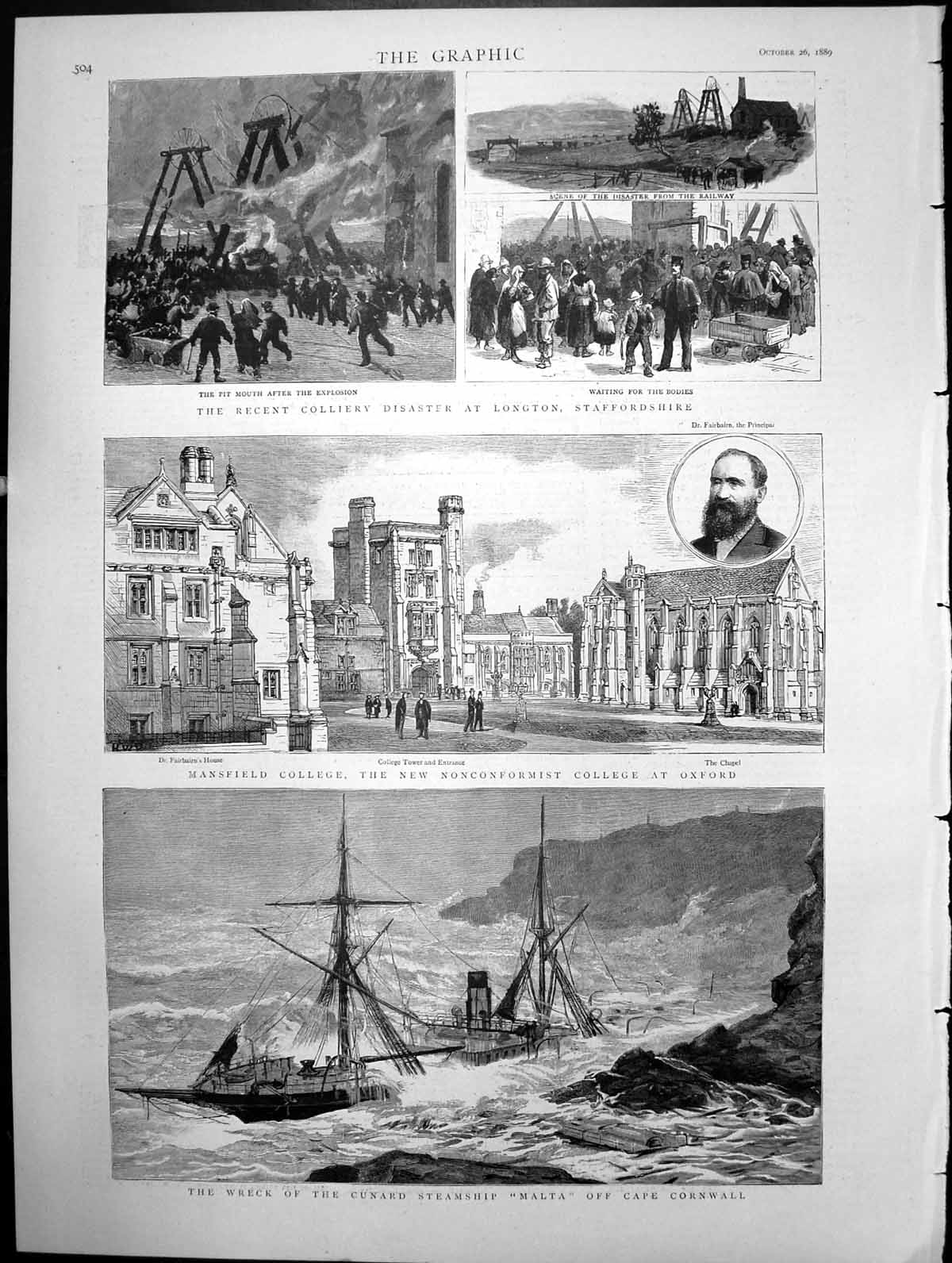 Old Print Wreck Cunard Steamship Malta Cape Cornwall College Oxford 1889 19th