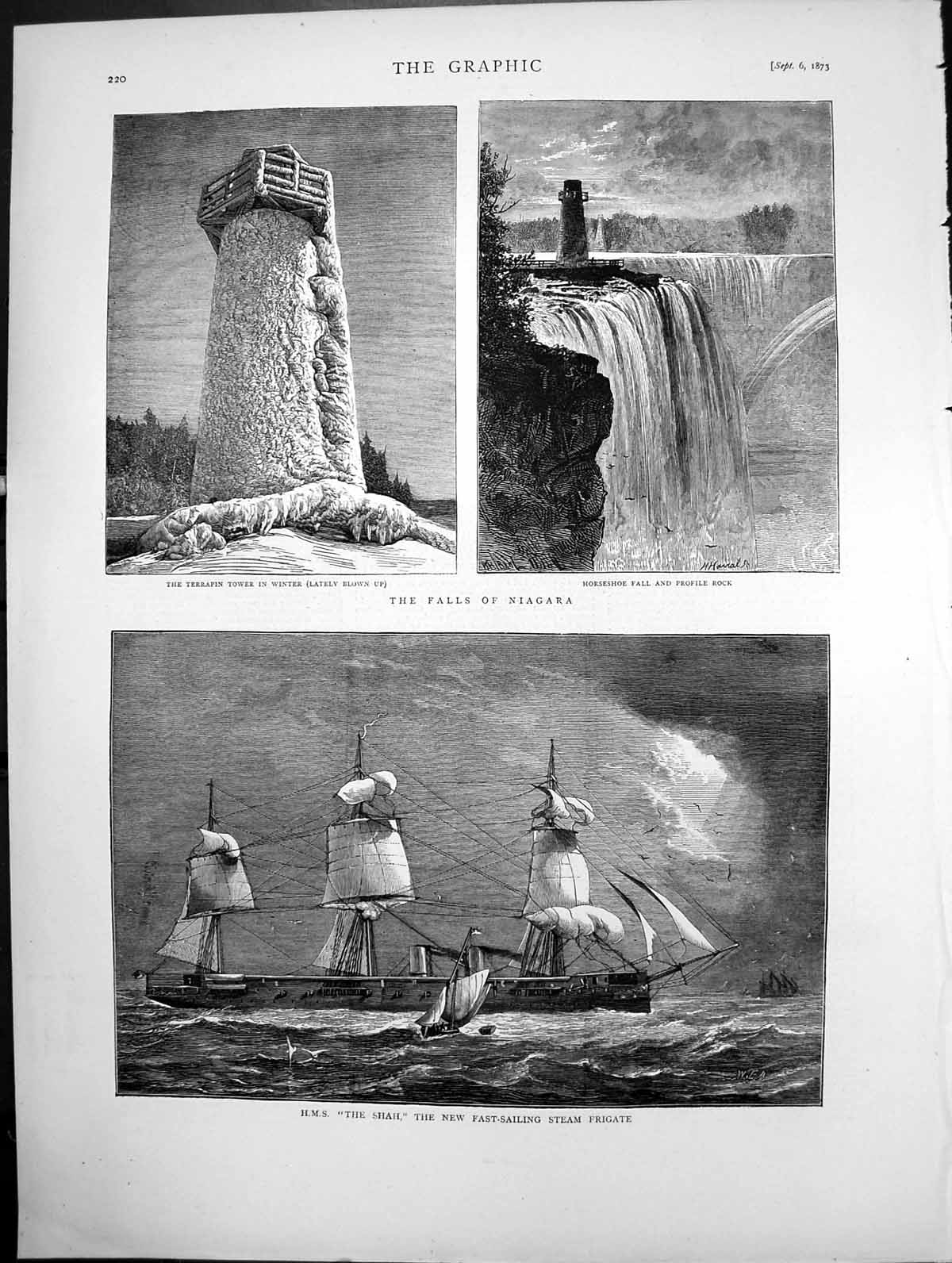 Antique Print Falls Niagara Hms The Shah New Fastsailing Steam Frigate 1873