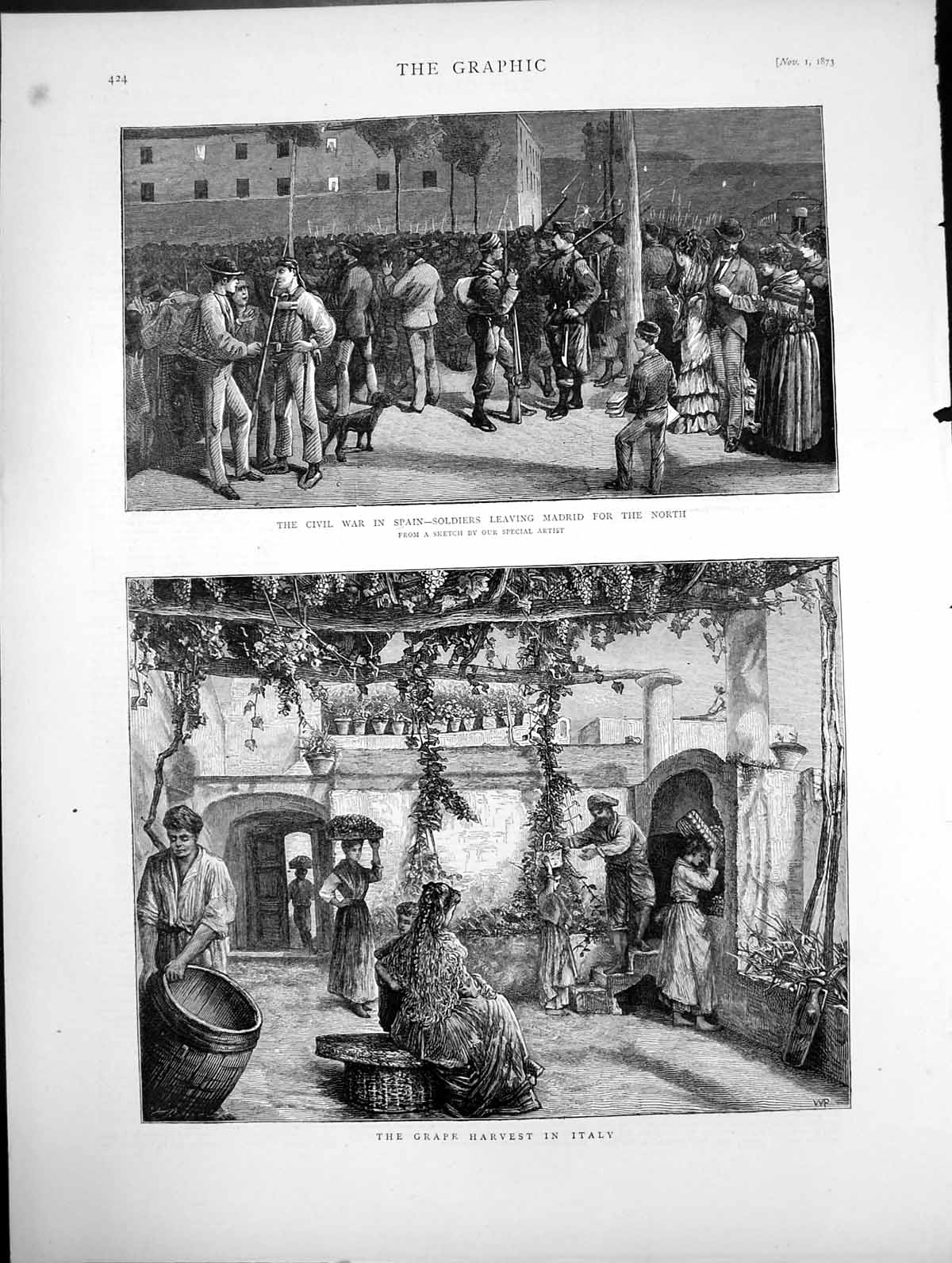 Antique Print Grape Harvest Italy Civil War Spain Siers Leaving Madrid 1873