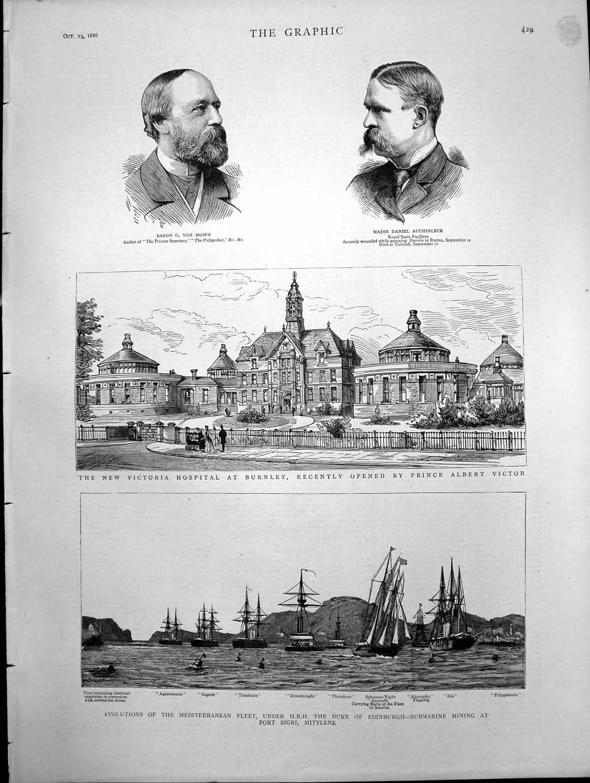 Antique Old Print New Victoria Hospital Burnley Hrh Duke Edinburgh Fleet 1886