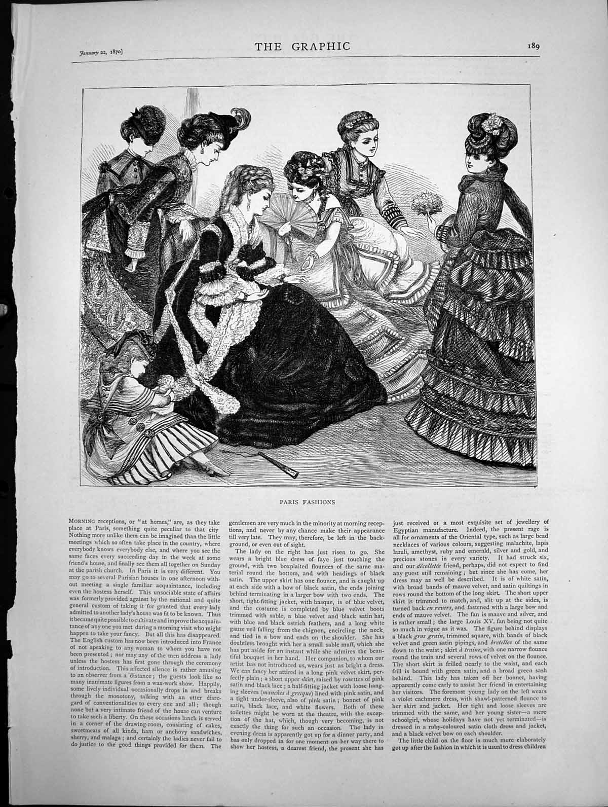 Original Old Antique Print Paris Fashions Sketch Women Dresses 1870 Victorian