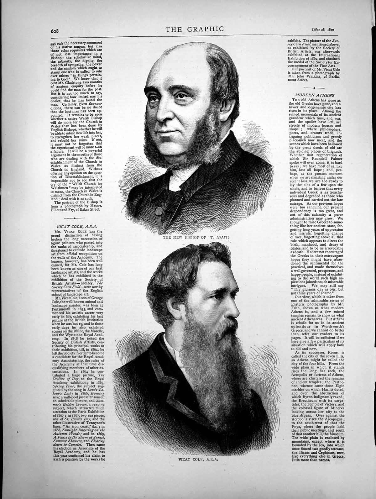 Old Antique Print New Bishop St Asaph Vicat Cole Portraits Sketches 1870 19th