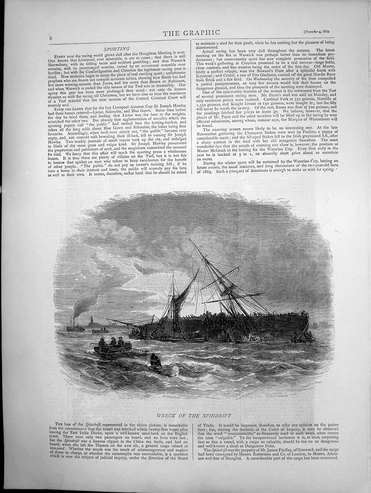 Antique Print Wreck Spindrift 24 Hours After Leaving East India Docks 1869