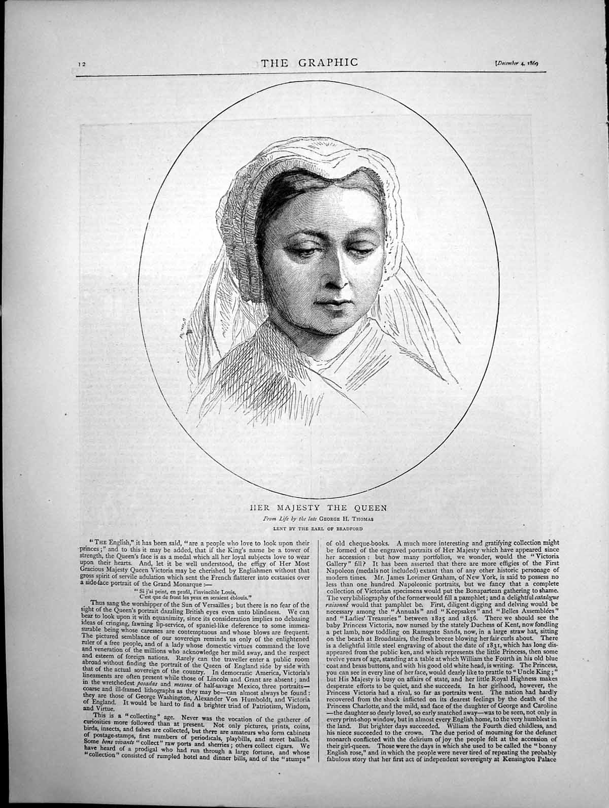 Antique Old Print Portrait Her Majesty The Queen Victoria Earl Bradford 1869
