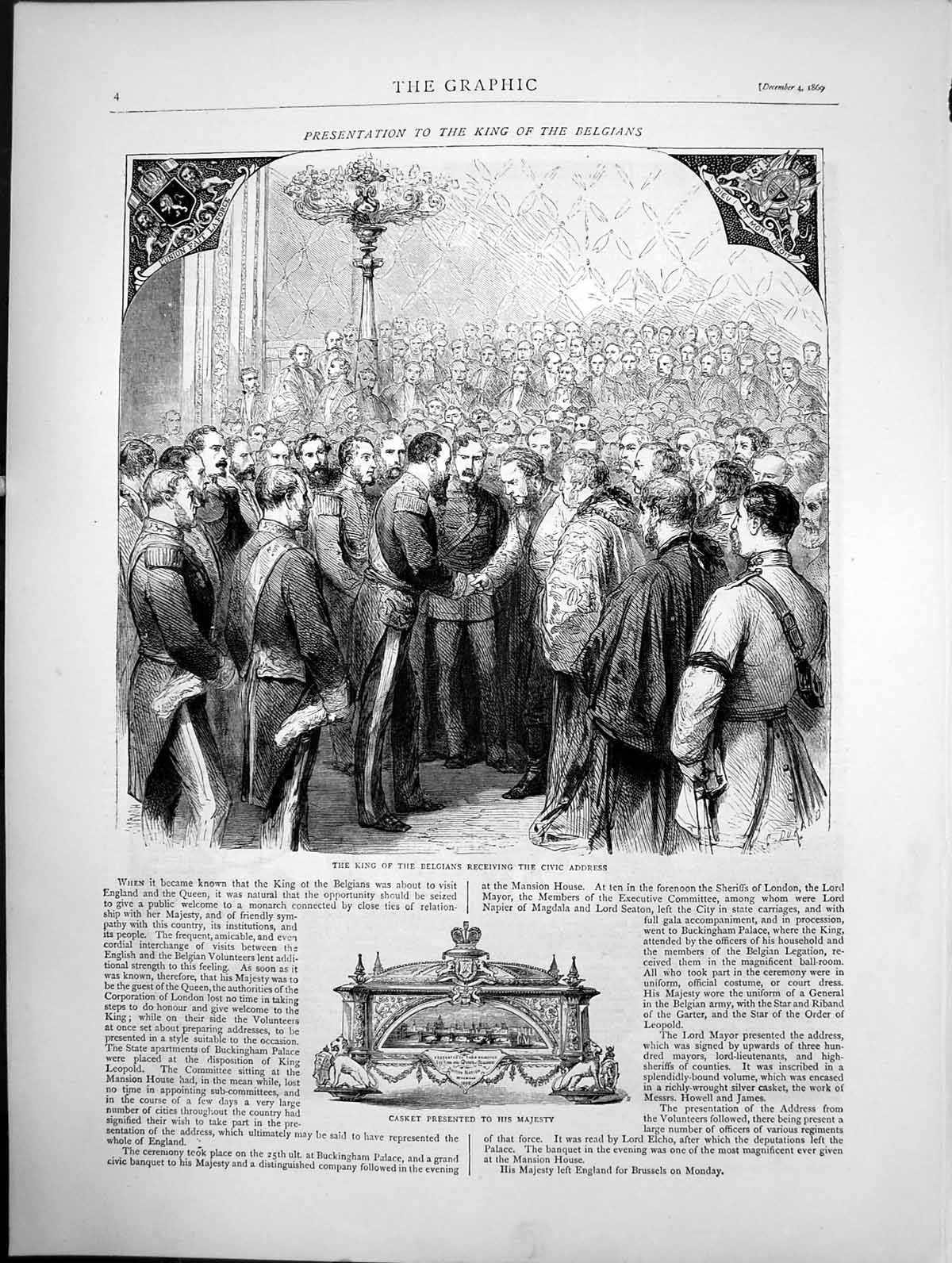 Antique Print The King The Belgians Receiving The Civic Address Casket 1869