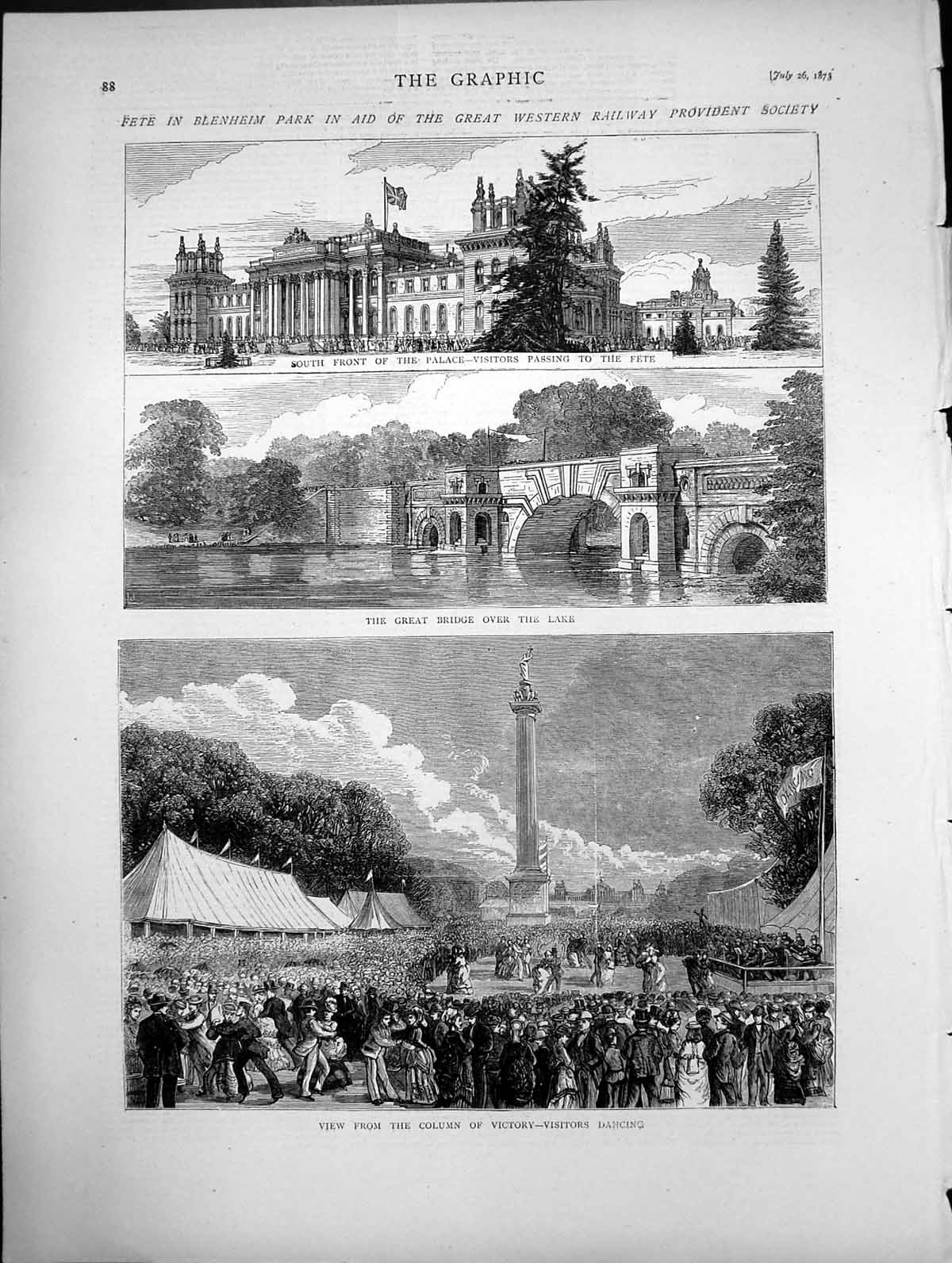 Old Print Fete In Blenheim Park Bridge Over Lake South Front Palace 1873 19th