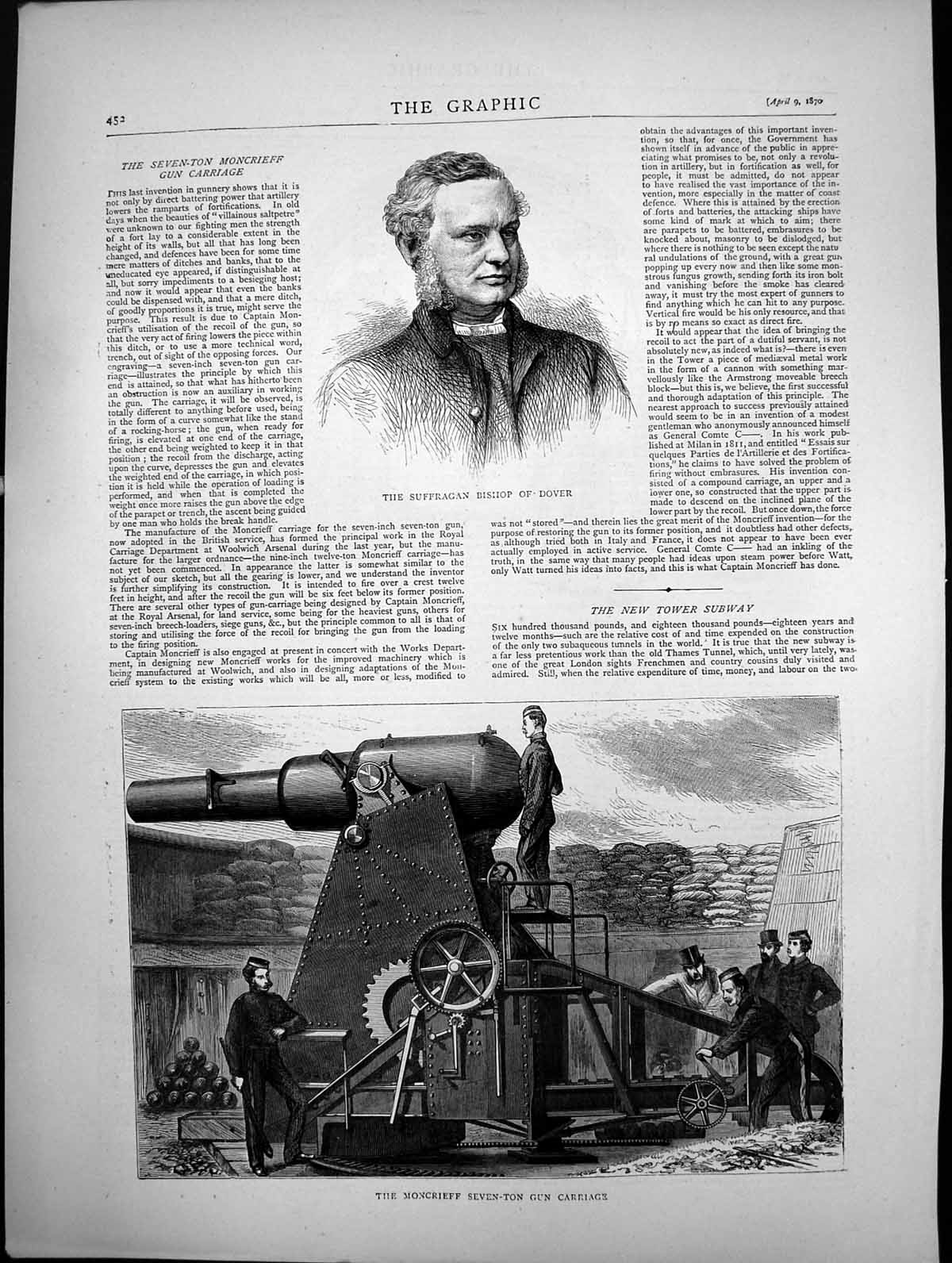 Old Print The Moncrieff Seven-Ton Gun Carriage Portrait Bishop Dover 1870 19th