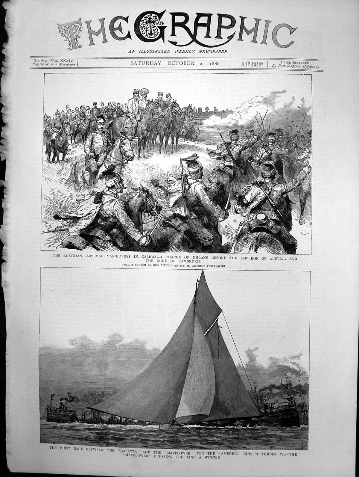 Old Print First Race Galatea And Mayflower America Cup Austrian Army 1886 19th