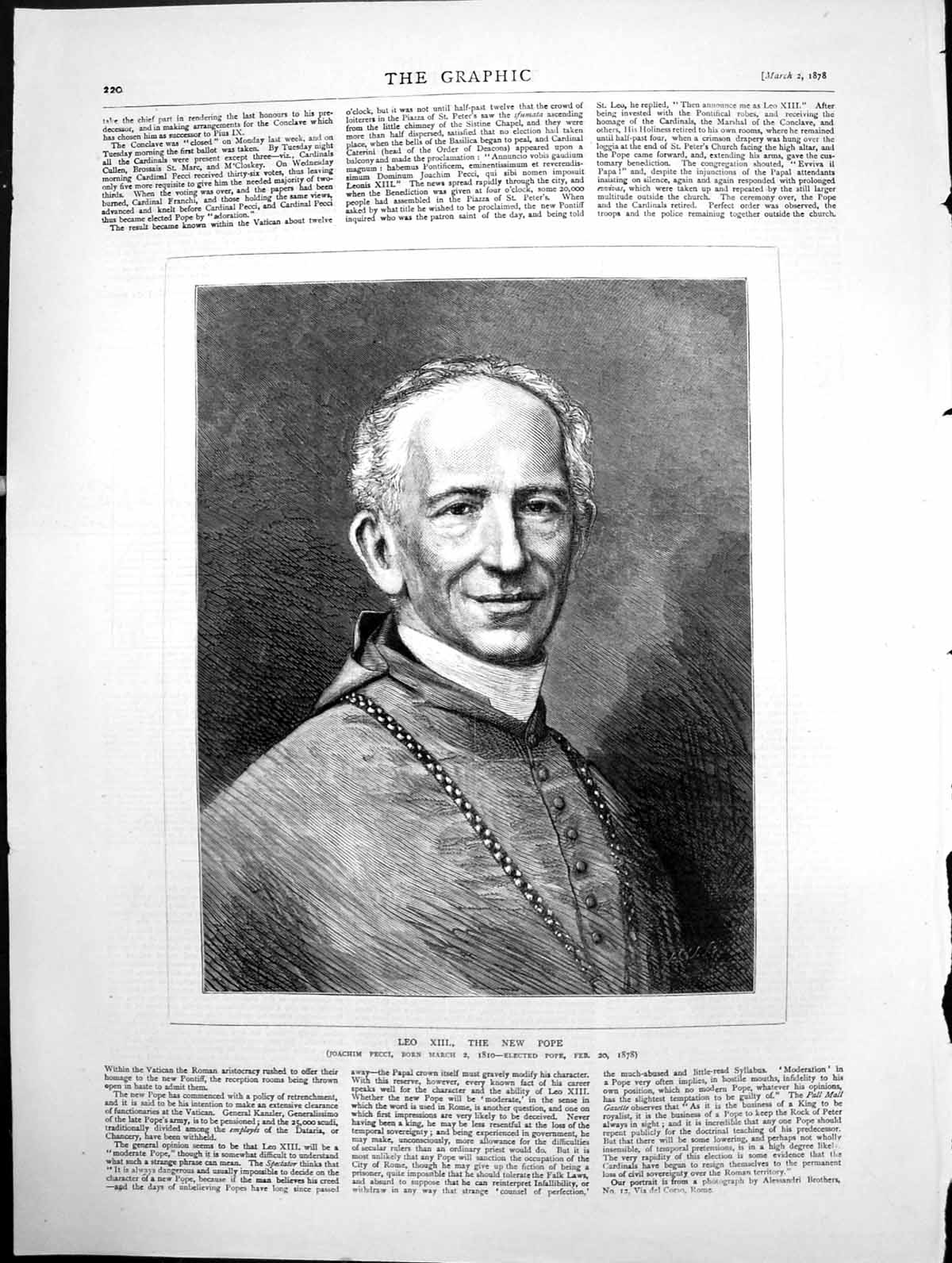 Old Antique Print Portrait The New Pope Leo Xiii Sketch Vatican Rome 1878 19th