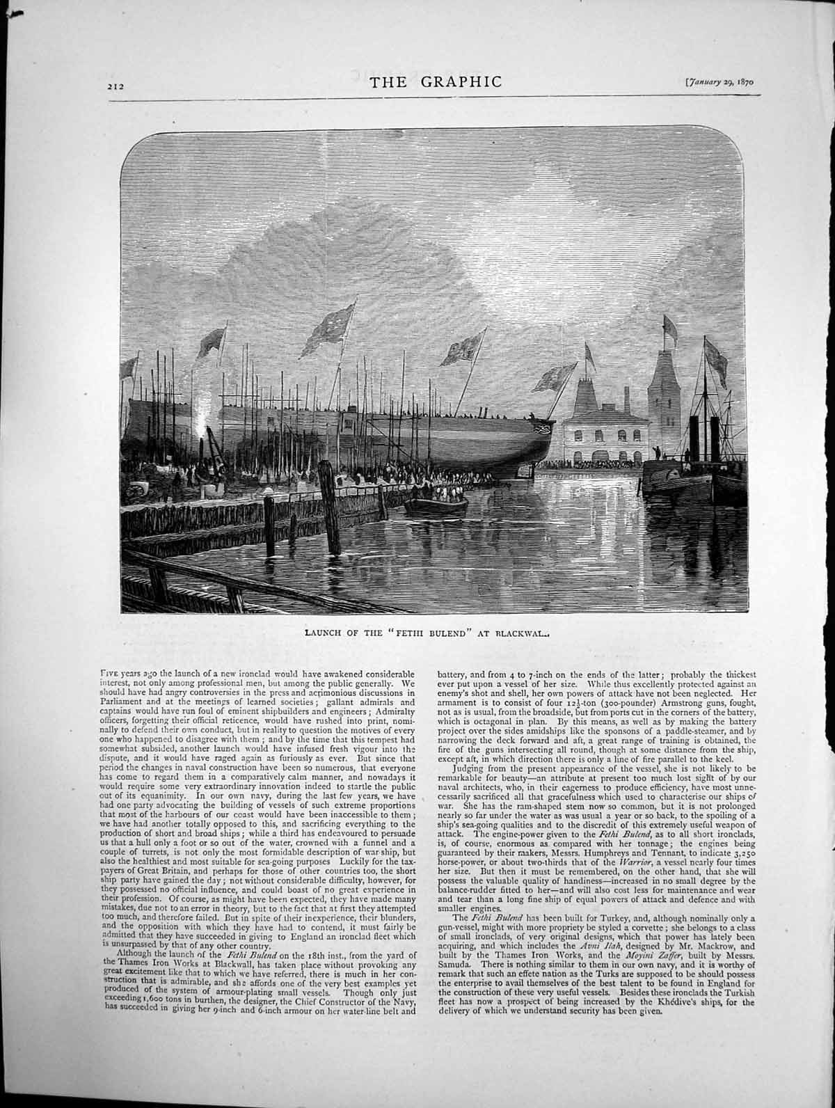 Antique Old Print Launch The Fethi Bulend At Blackwall London Sketches 1870