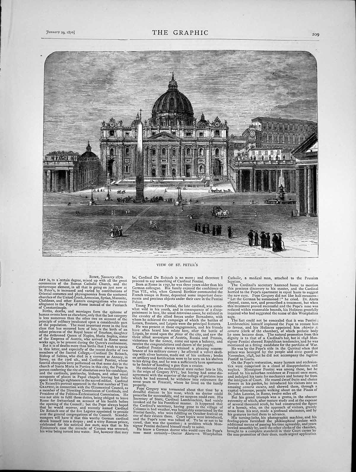 Original Old Antique Print View St Peter'S Rome Pope Vatican Sketch 1870 19th