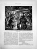 Old Antique Print Sketch Scene On Shrove Tuesday Men Women Children 1870 19th