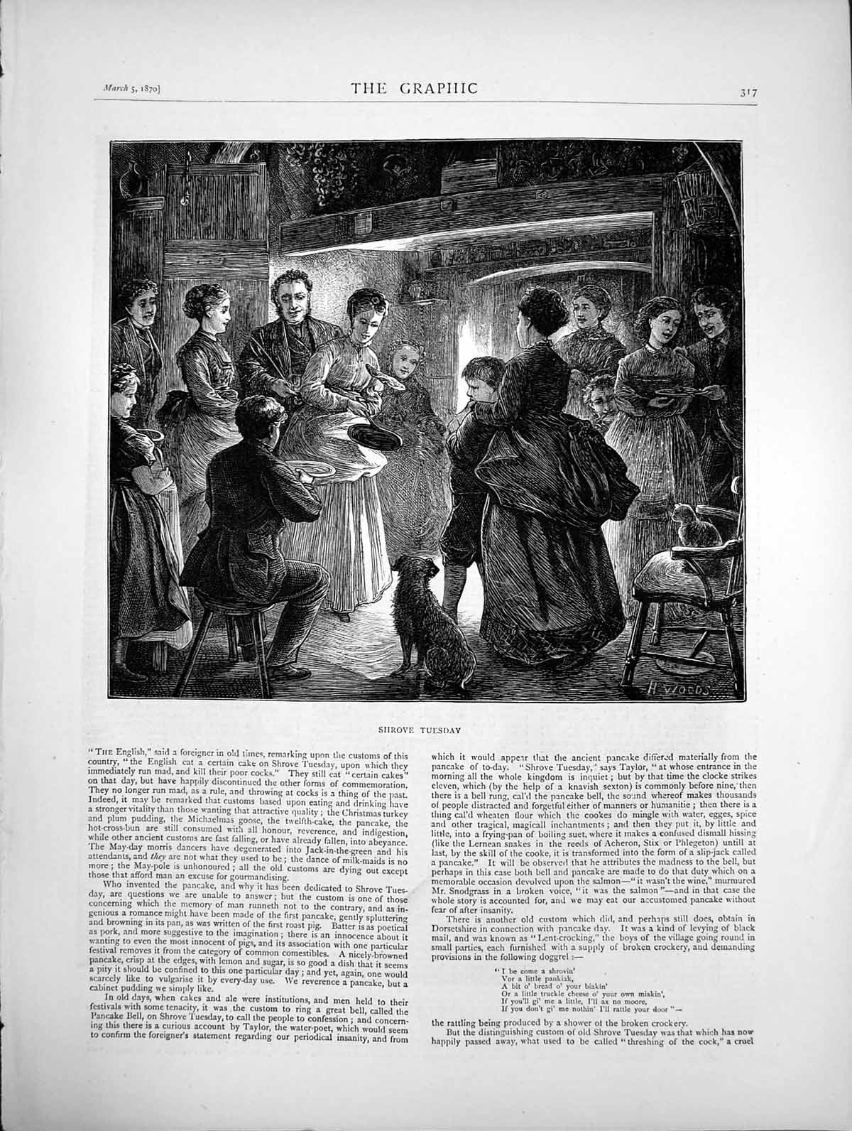 Old Antique Print Sketch Scene On Shrove Tuesday Men Women Children 1870 19th