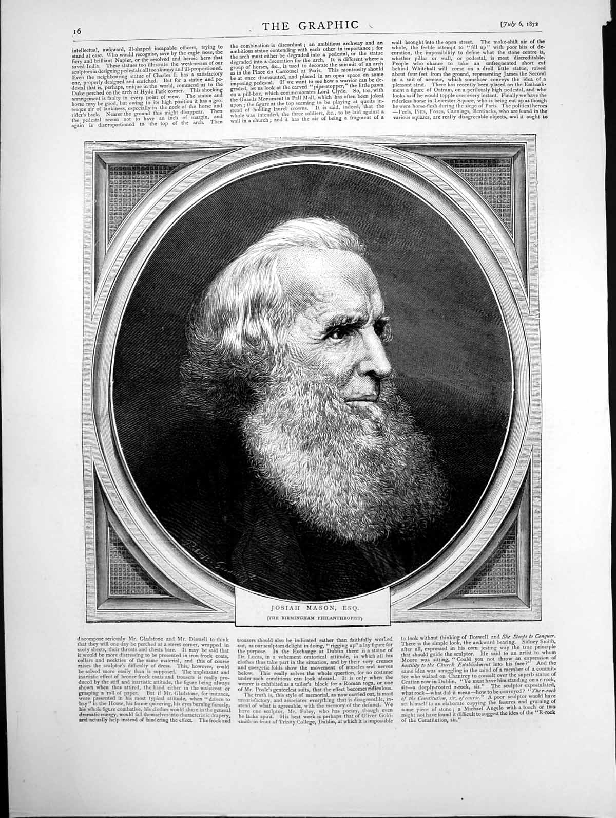 Antique Old Print Portrait Josiah Mason Esq Birmingham Philanthropist 1872 19th