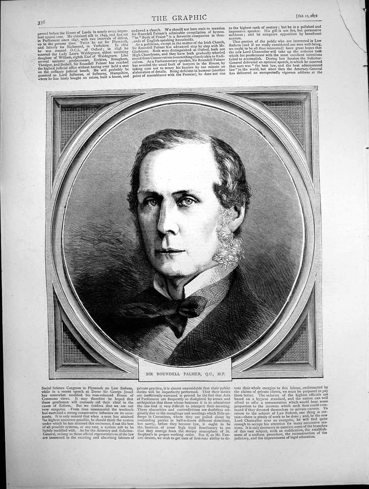 Original Old Antique Print Portrait Sir Roundell Palmer Qc Mp Sketch 1872 19th
