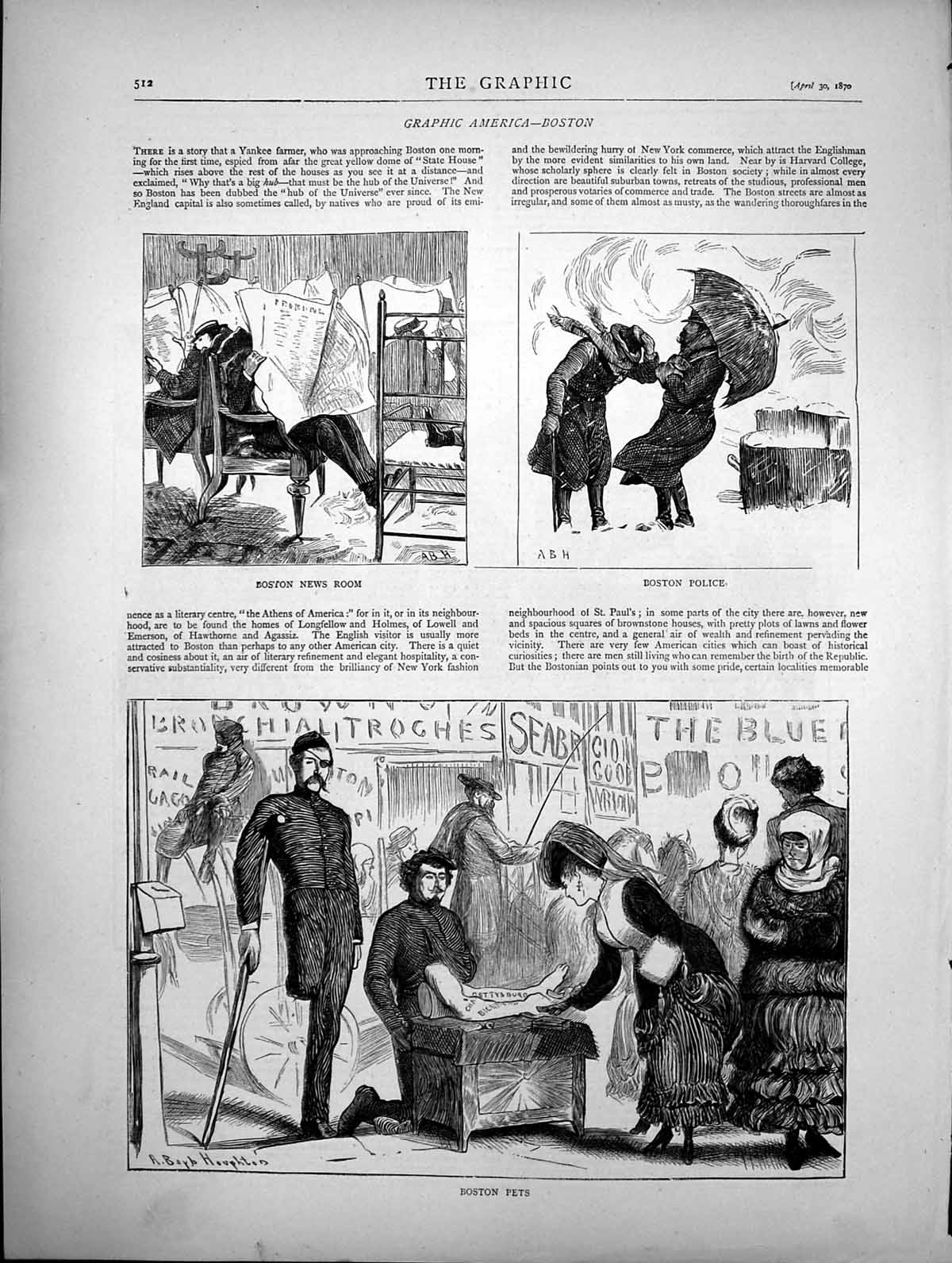 Antique Old Print Graphic America Boston News Room Police Pets Sketches 1870