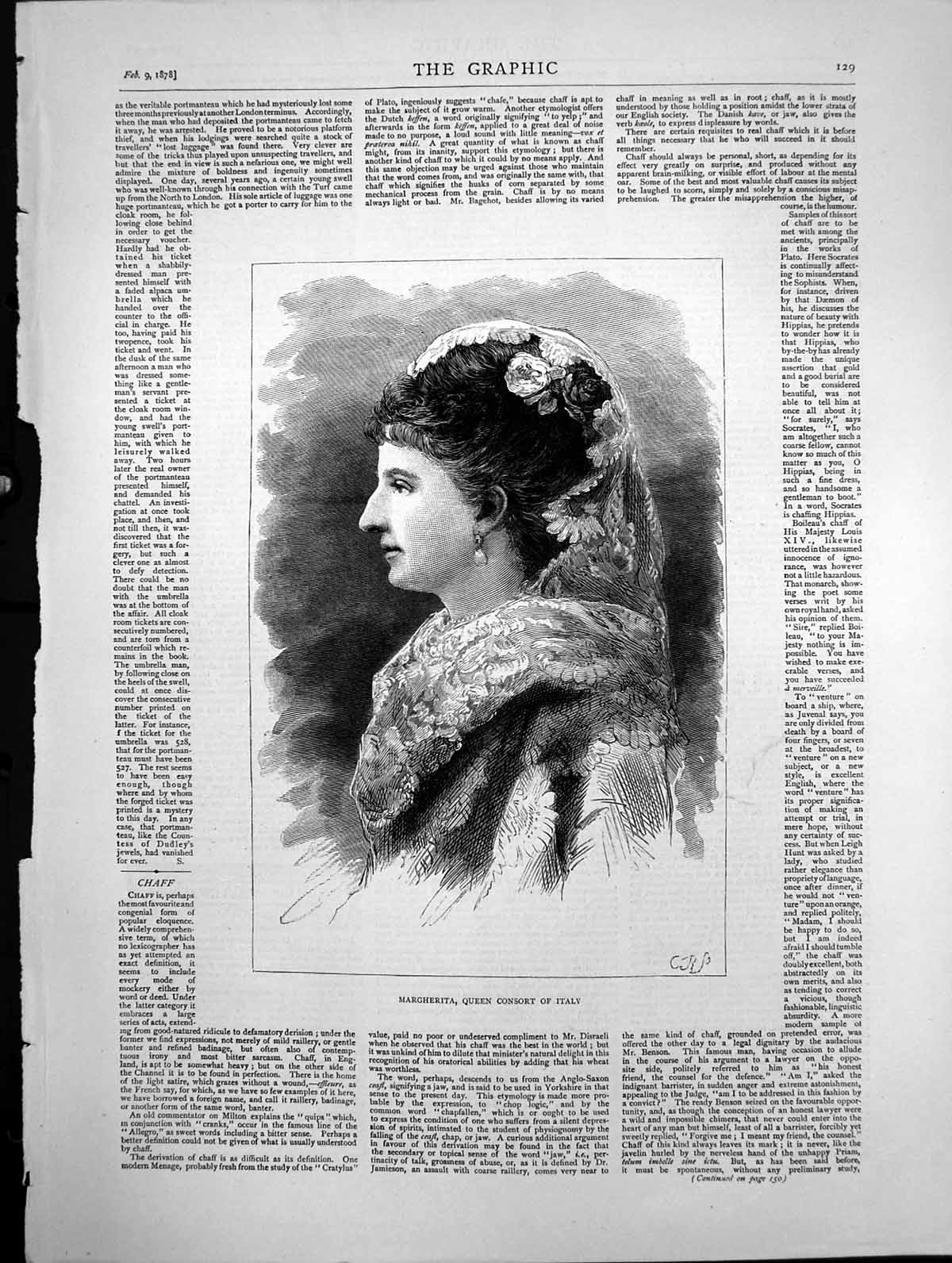 Original Old Antique Print Portrait Margherita Queen Consort Italy Sketch 1878