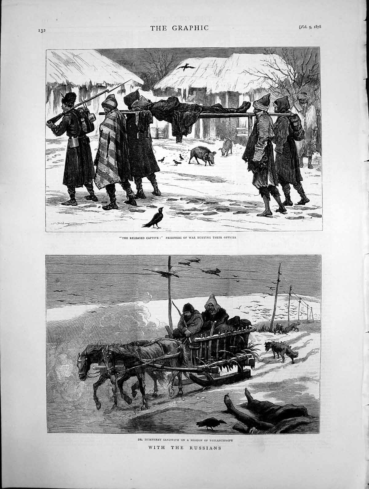 Antique Print With The Russians Prisoners War Burying Officer Sandwith 1878