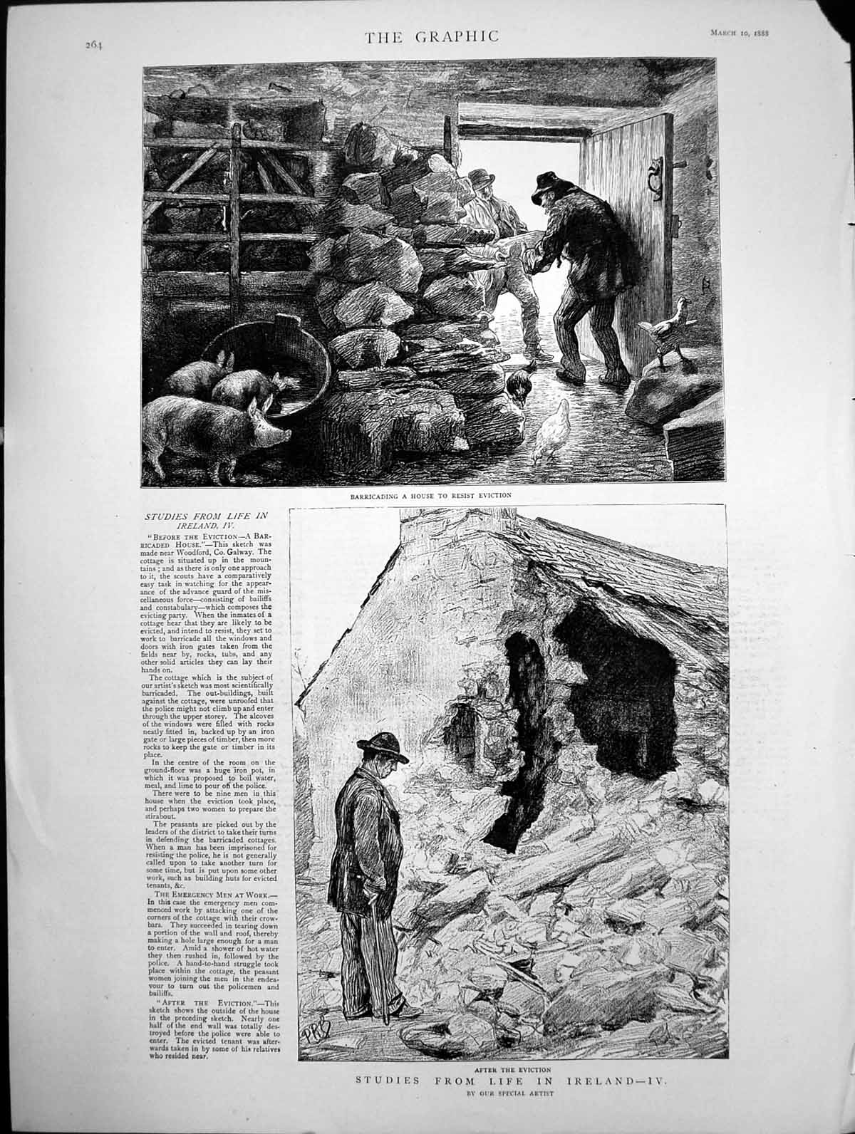 Old Print Studies From Life In Ireland Resisting Eviction & Eviction 1888 19th