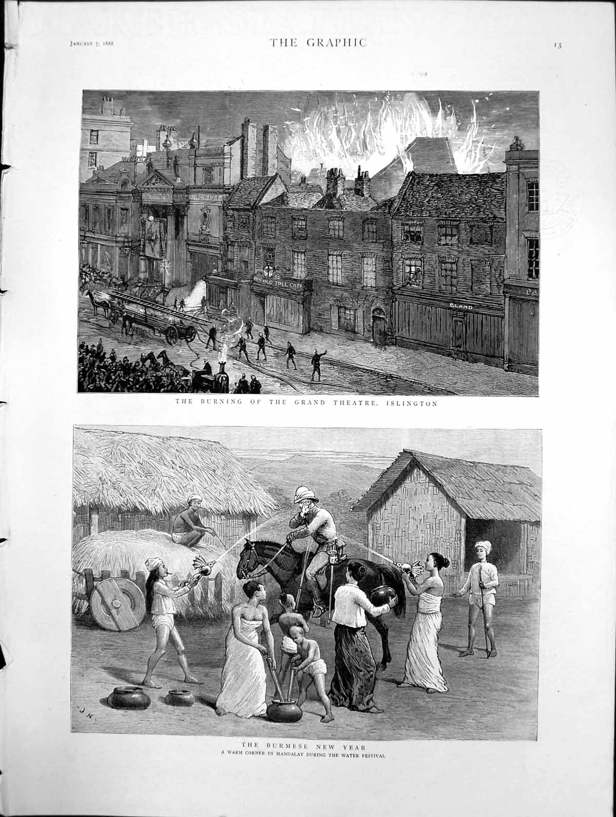 Antique Old Print Burning Grand Theatre Islington The Burmese New Year 1888